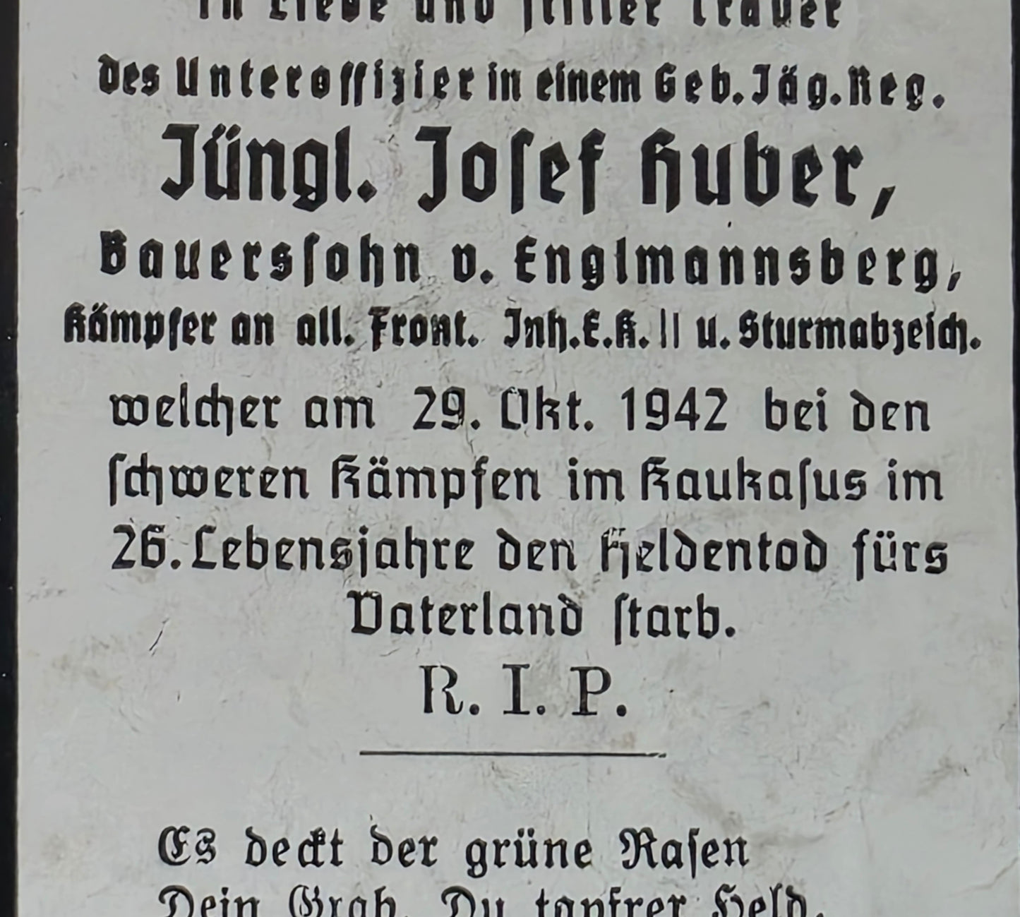 Sterbebild Unteroffizier Engelmannsberg 3. Komp. Geb.-Jäger Regt. 207 Pschyschtal Höhe 998 Kaukasus