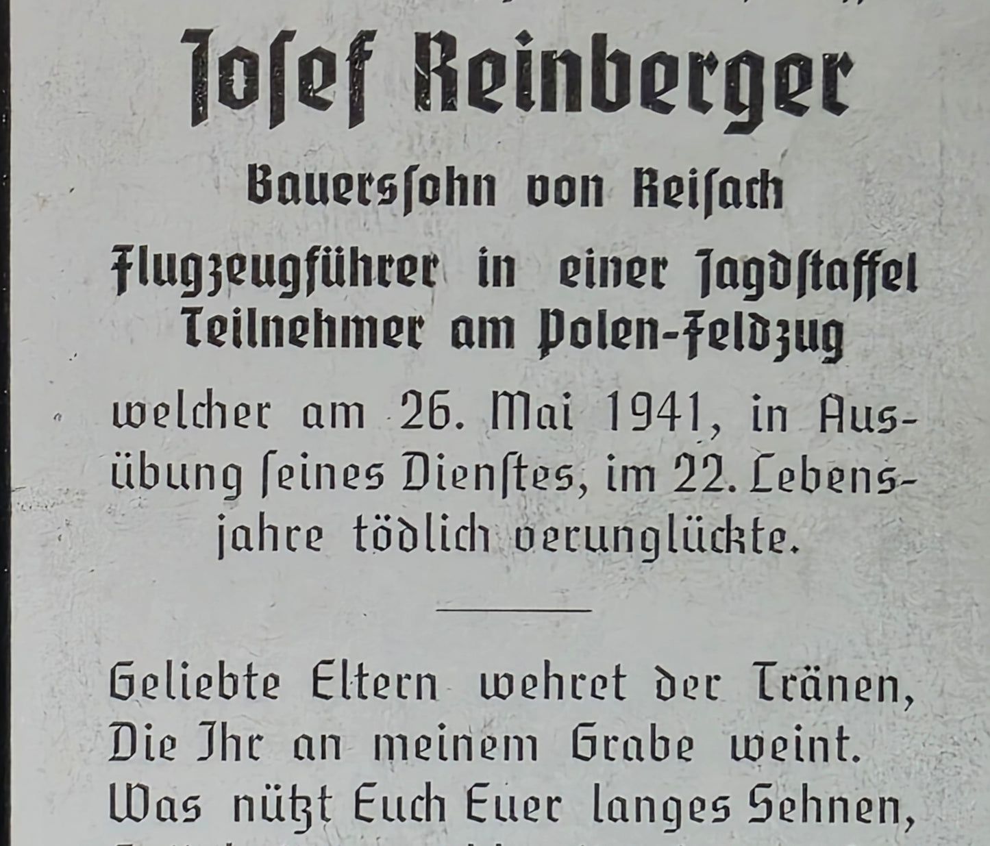 Sterbebild Unteroffizier Reisach Pilot 3./JFS-1 "Oesau" Frankfurt an der Oder