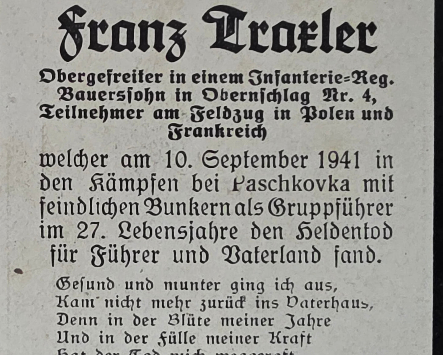 Sterbebild Obergefreiter Waldkirch 1. Inf. Regt. 227 Bunkererstürmung Paschkowka Russland