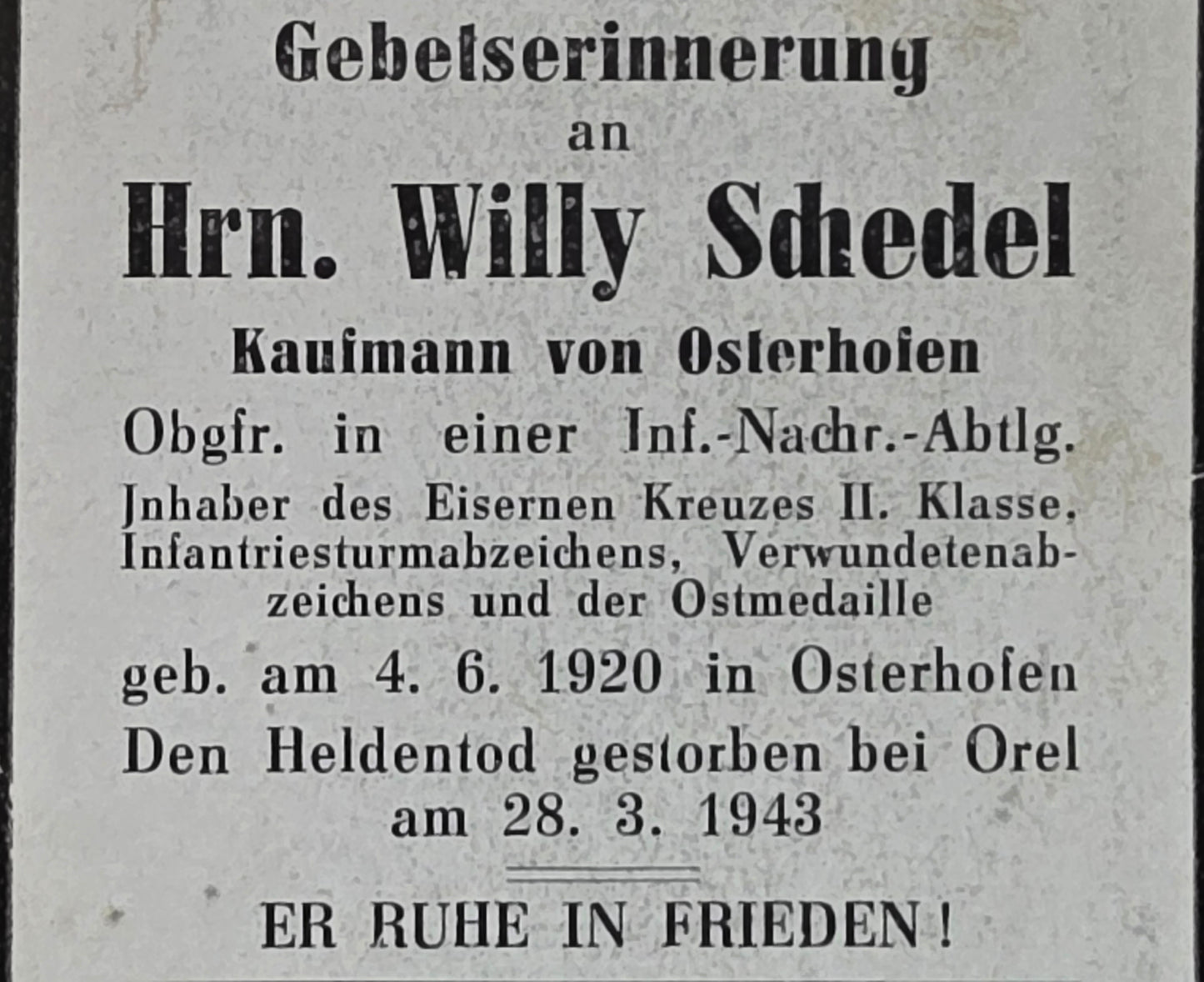 Sterbebild Obergefreiter Osterhofen Inf.-Nachrichten Abt. Orel Russland