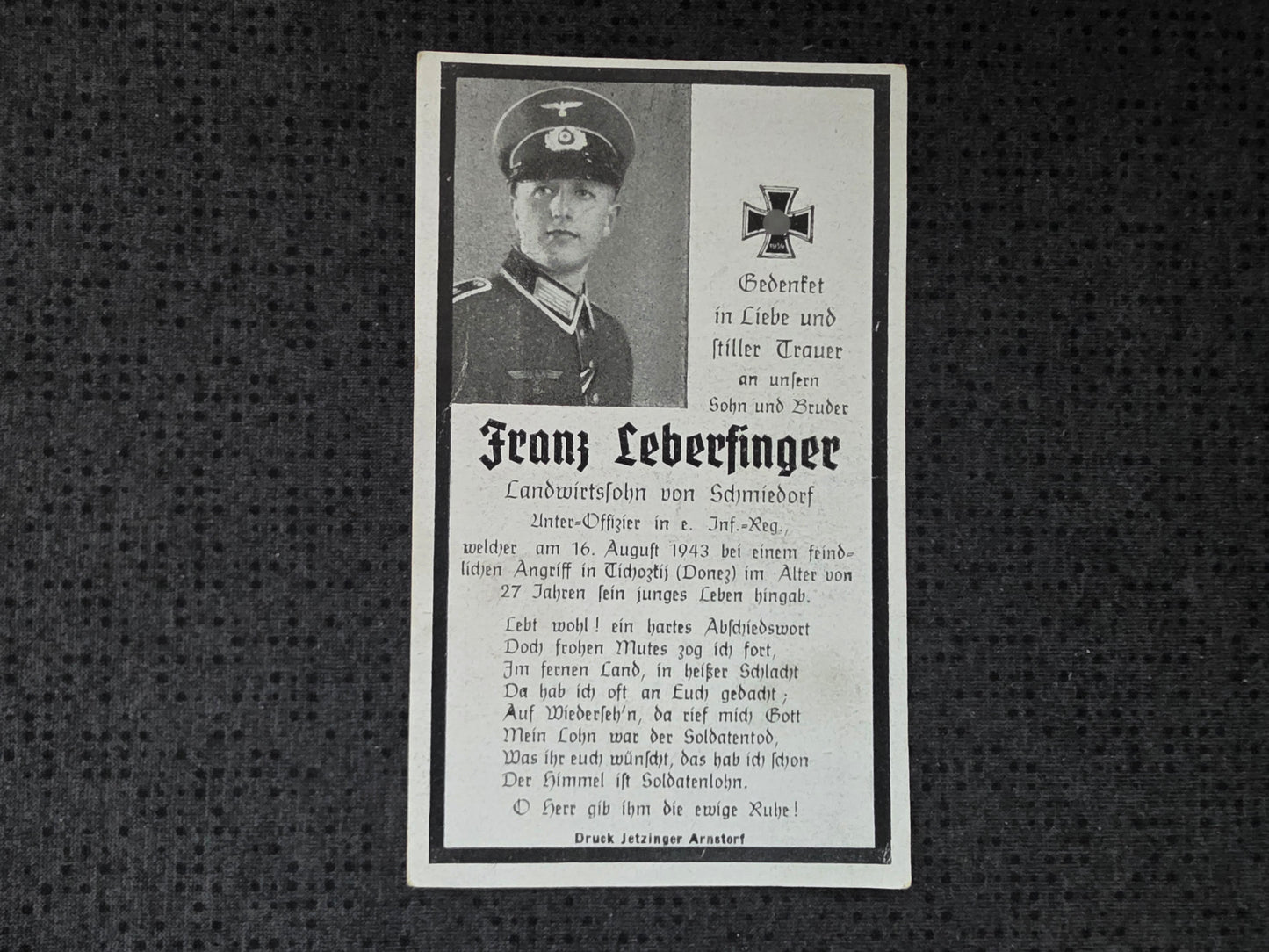 Sterbebild Unteroffizier Schmiedorf 4. Komp. Sturm-Btl. Panzer AOK 1 Tichotzky Ukraine