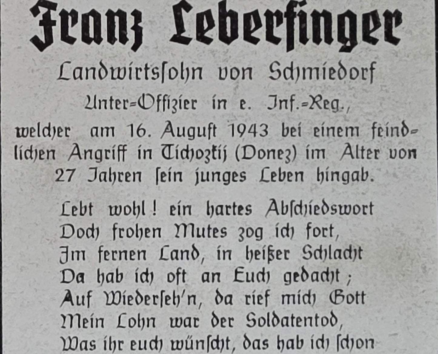 Sterbebild Unteroffizier Schmiedorf 4. Komp. Sturm-Btl. Panzer AOK 1 Tichotzky Ukraine