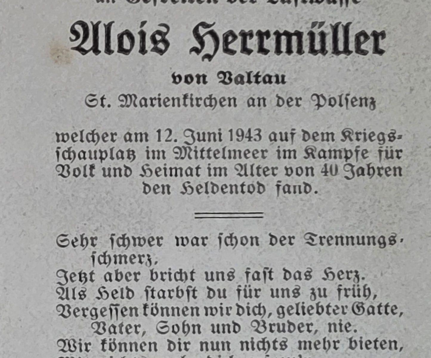 Sterbebild Gefreiter Marienkirchen Luftwaffe Mittelmeer Trapani Sizilien Italien
