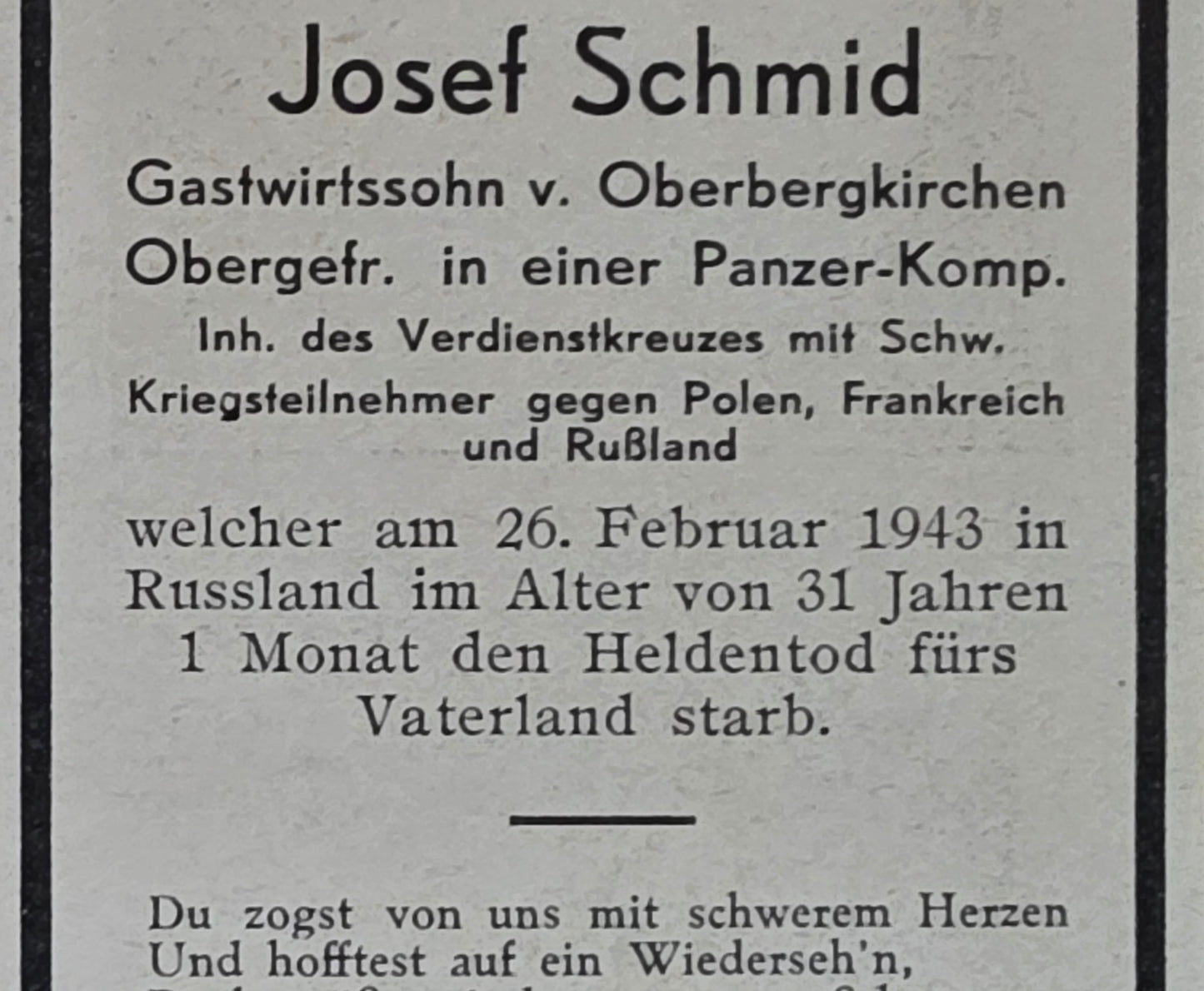 Sterbebild Obergefreiter Oberbergkirchen Panzer Regt. Alexandrowka Ukraine