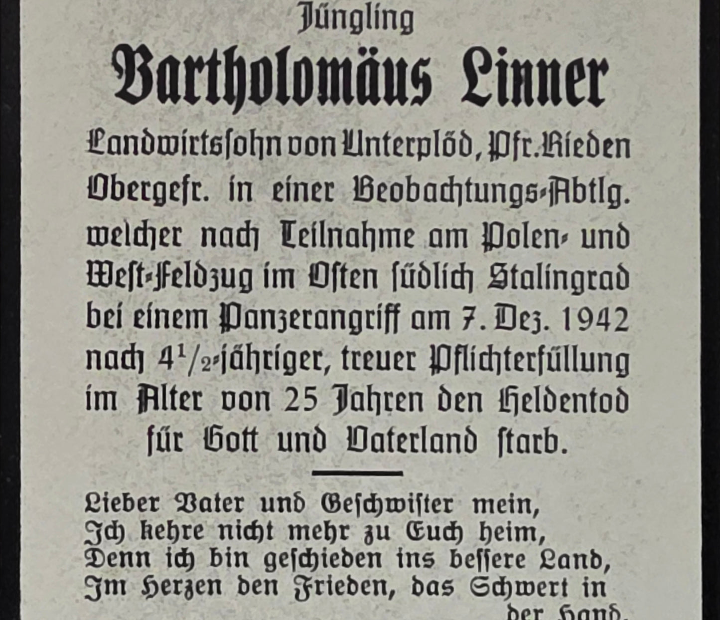 Sterbebild Obergefreiter Unterplöd 2. Leichte Beob. Abt. 7 Panzerangriff Stalingrad Russland
