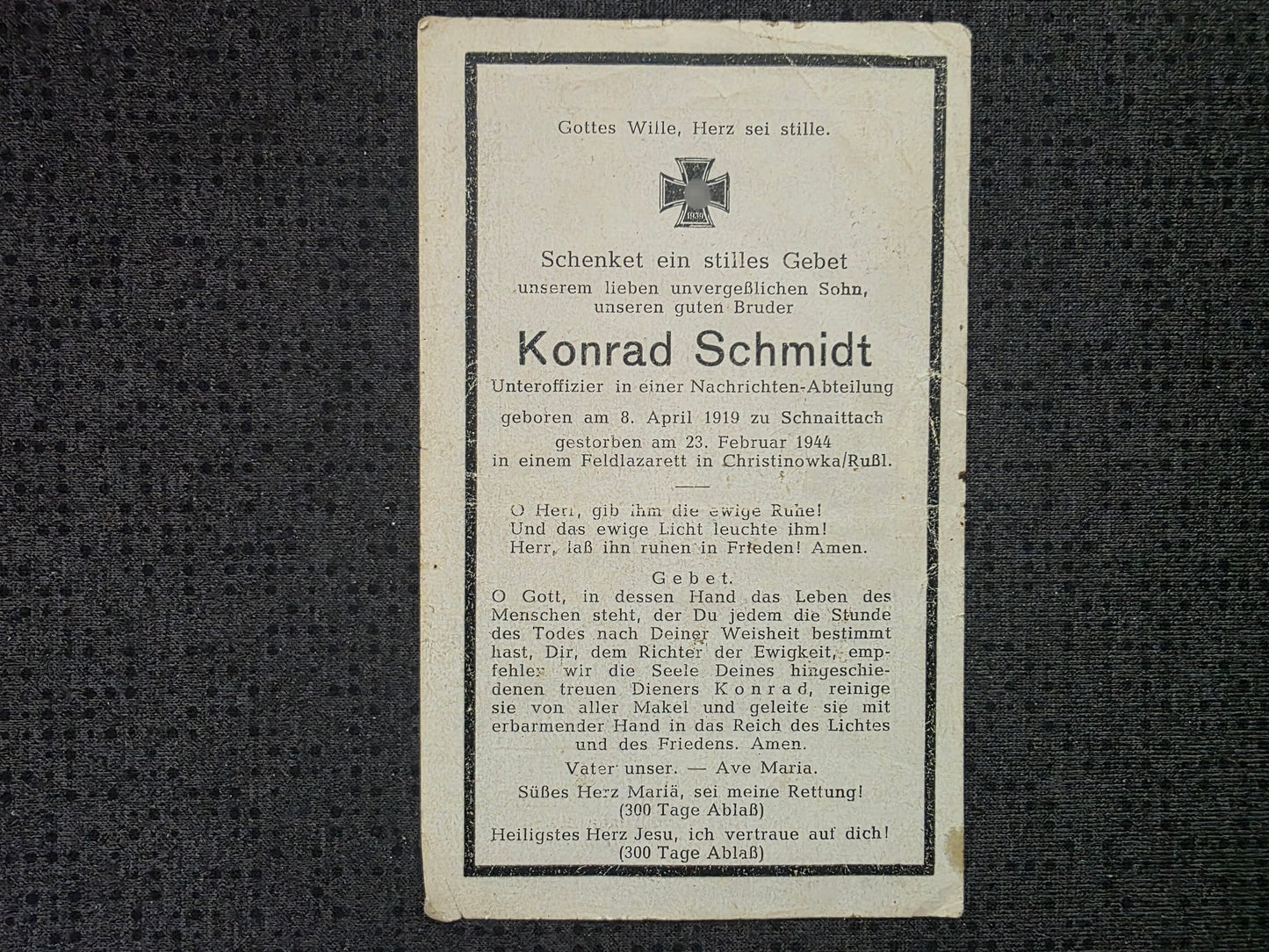 Sterbebild Unteroffizier Schnaittach Nachrichten Abt. Feldlaz. 768 mot. Christinowka Ukraine