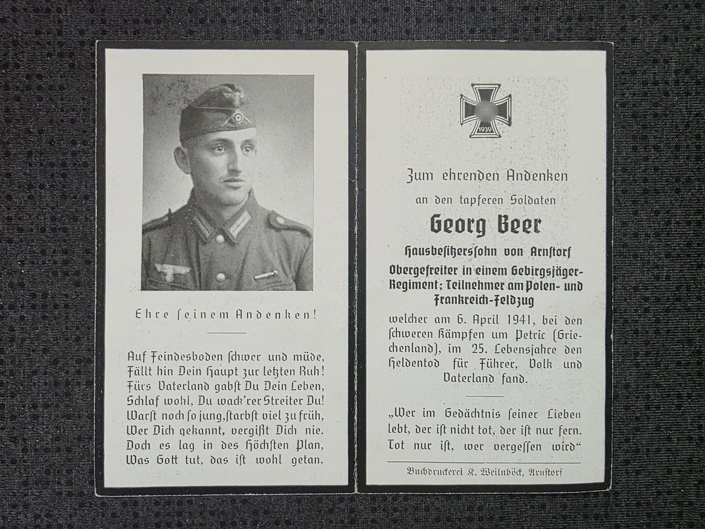 Sterbebild Obergefreiter Arnsdorf 13. Geb.-Jäger Regt. 85 Istibei Griechenland Bulgarien