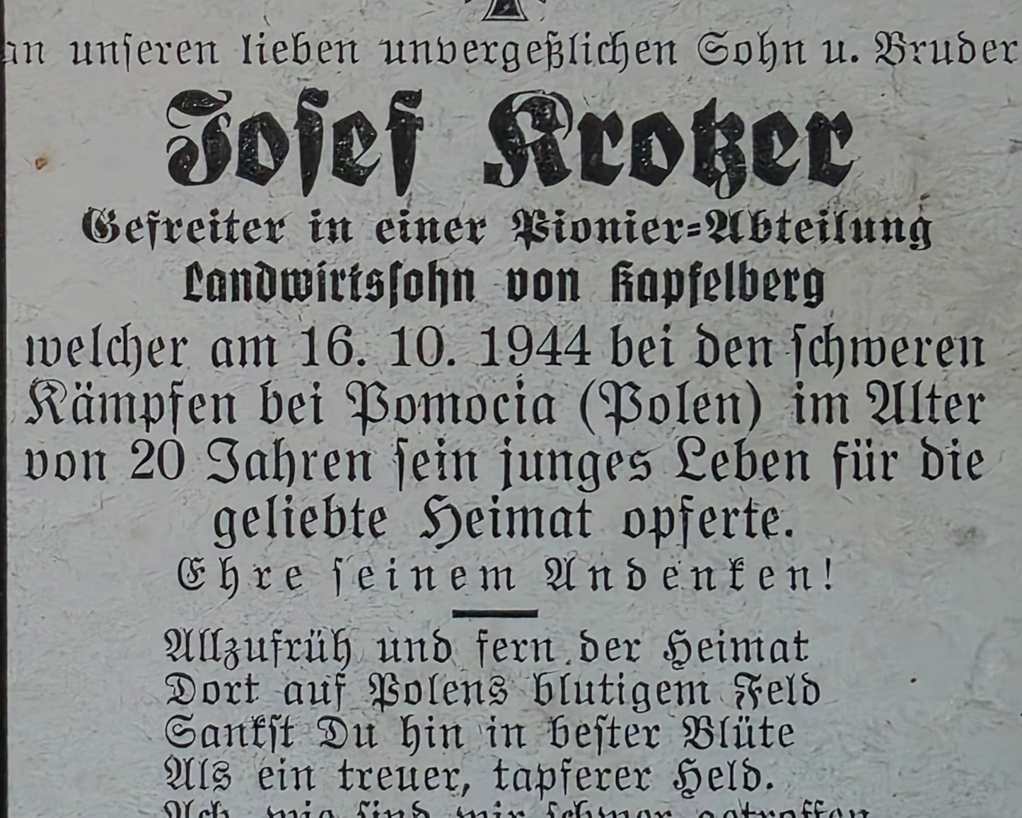 Sterbebild Gefreiter Kapfelberg Pionier Abt. Serock Mlawka Polen