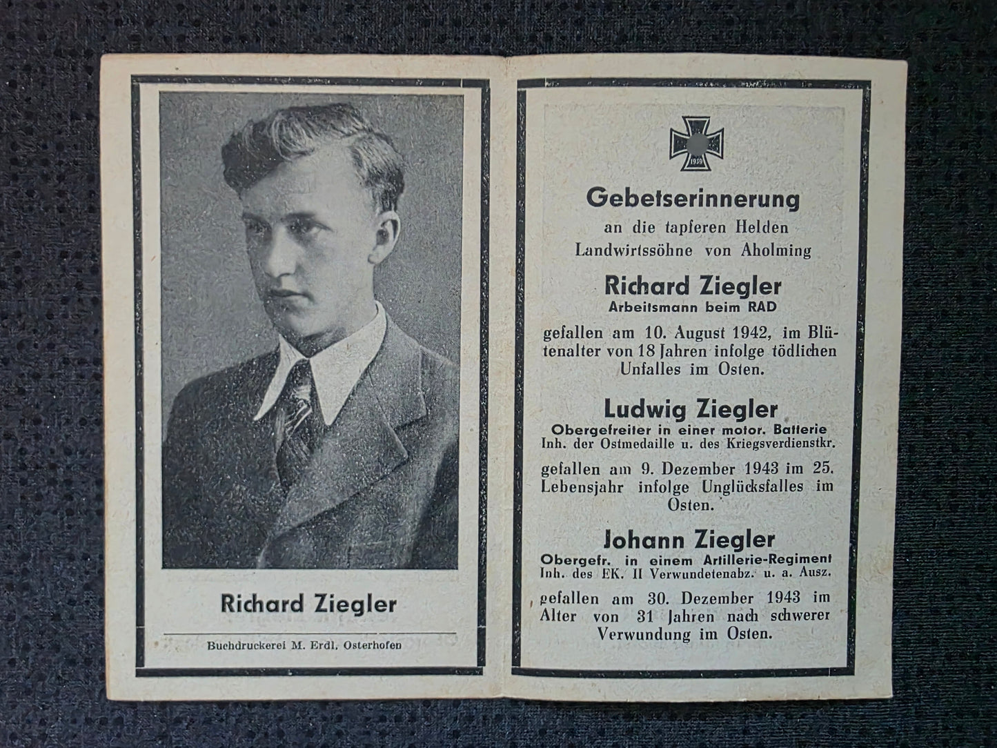 Sterbebild Brüder Aholming Arbeitsmann RAD Obergefreiter Artillerie Regt. SS-Lazarett Minsk Weissrussland