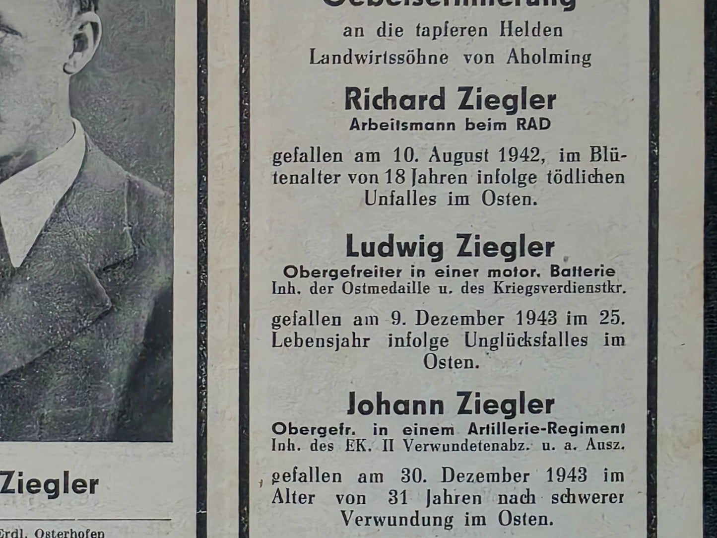 Sterbebild Brüder Aholming Arbeitsmann RAD Obergefreiter Artillerie Regt. SS-Lazarett Minsk Weissrussland