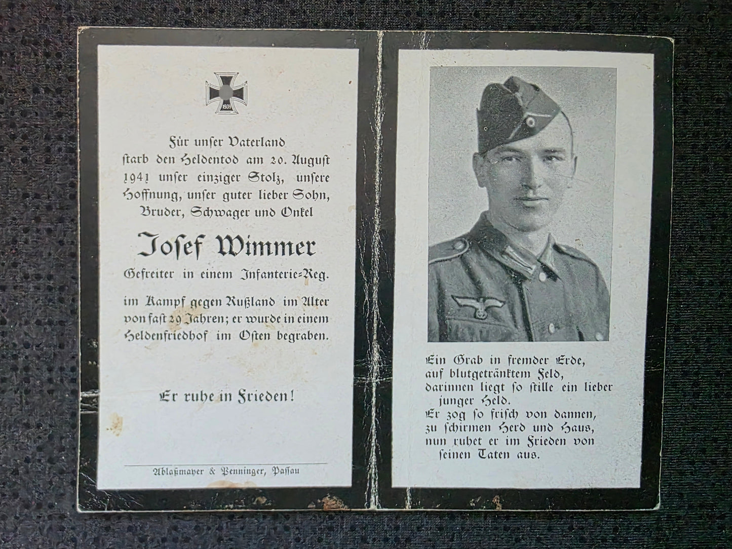 Sterbebild Gefreiter Kurzeichet 1. Komp. Inf. Regt. 81 Mitina Russland