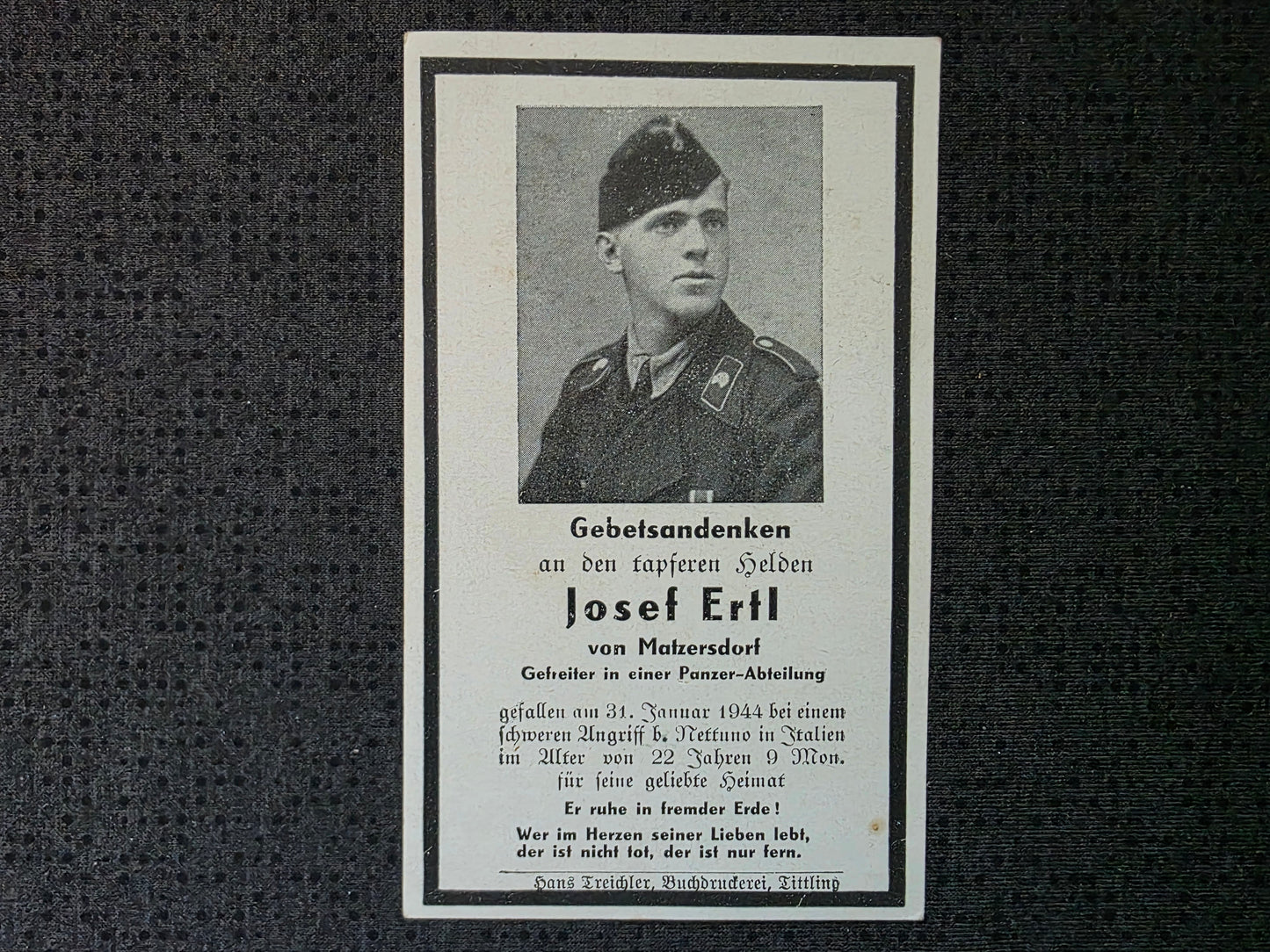 Sterbebild Gefreiter Matzersdorf 7. Komp. Panzer Regt. 26 Cisterna Nettuno Pomezia Italien