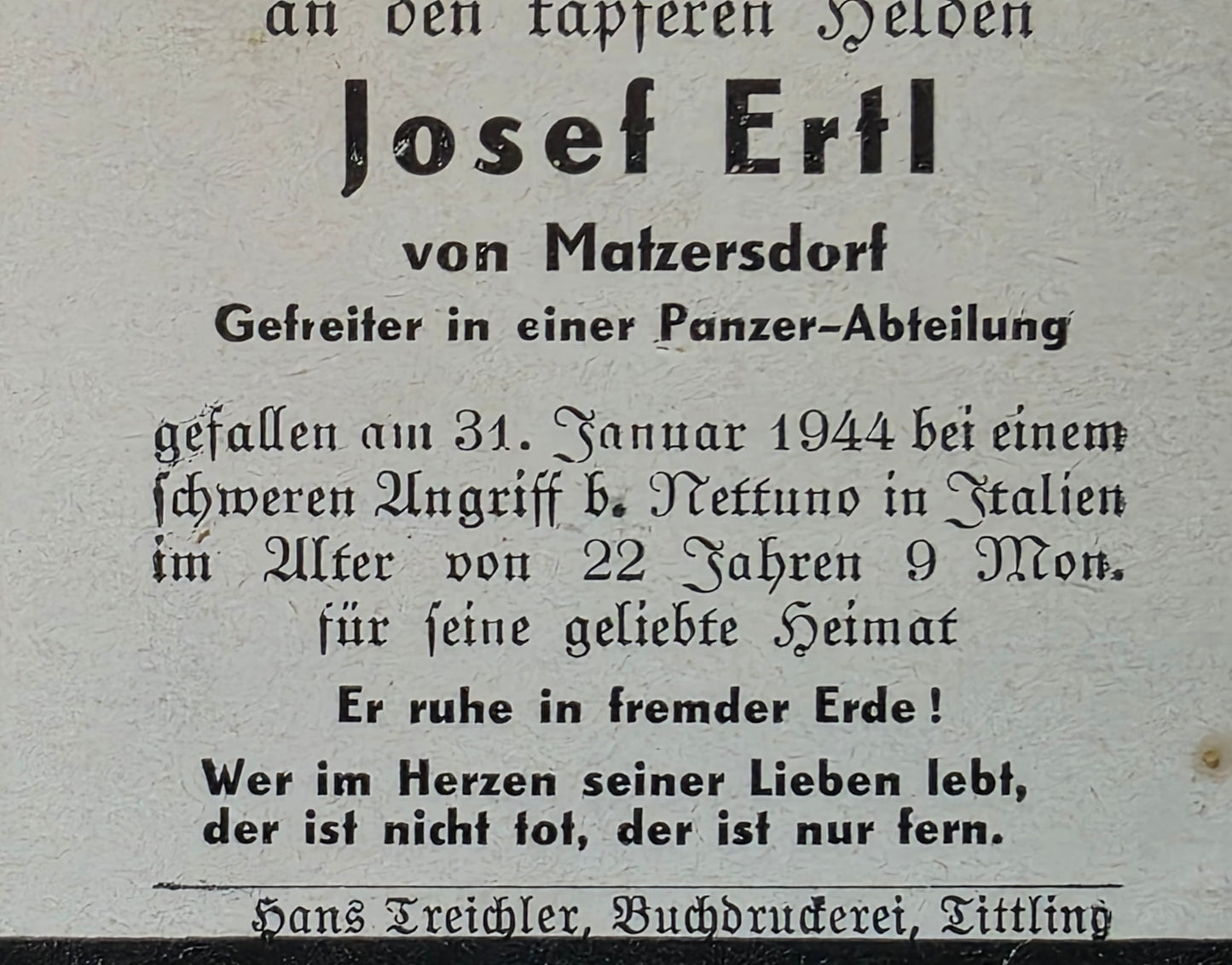 Sterbebild Gefreiter Matzersdorf 7. Komp. Panzer Regt. 26 Cisterna Nettuno Pomezia Italien