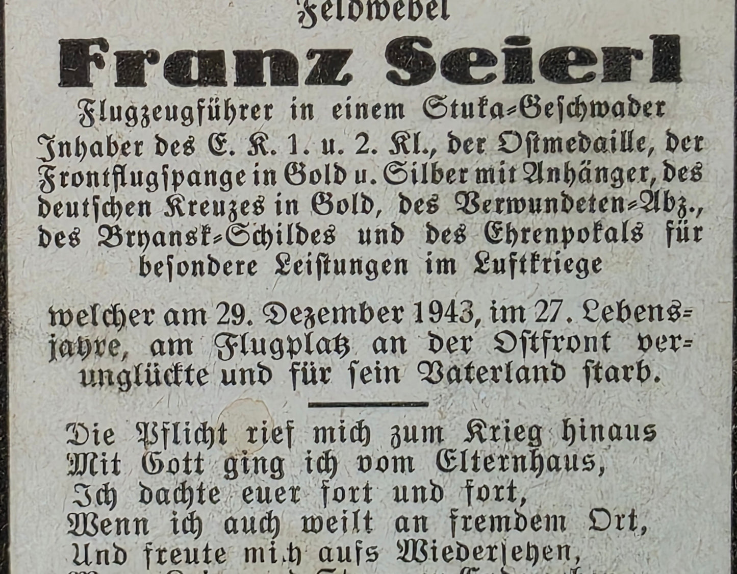 Sterbebild Feldwebel Weichstätten Pilot I./StG-2 "Immelmann" DKiG Ehrenpokal der Luftwaffe FFS Gold Uman Ukraine