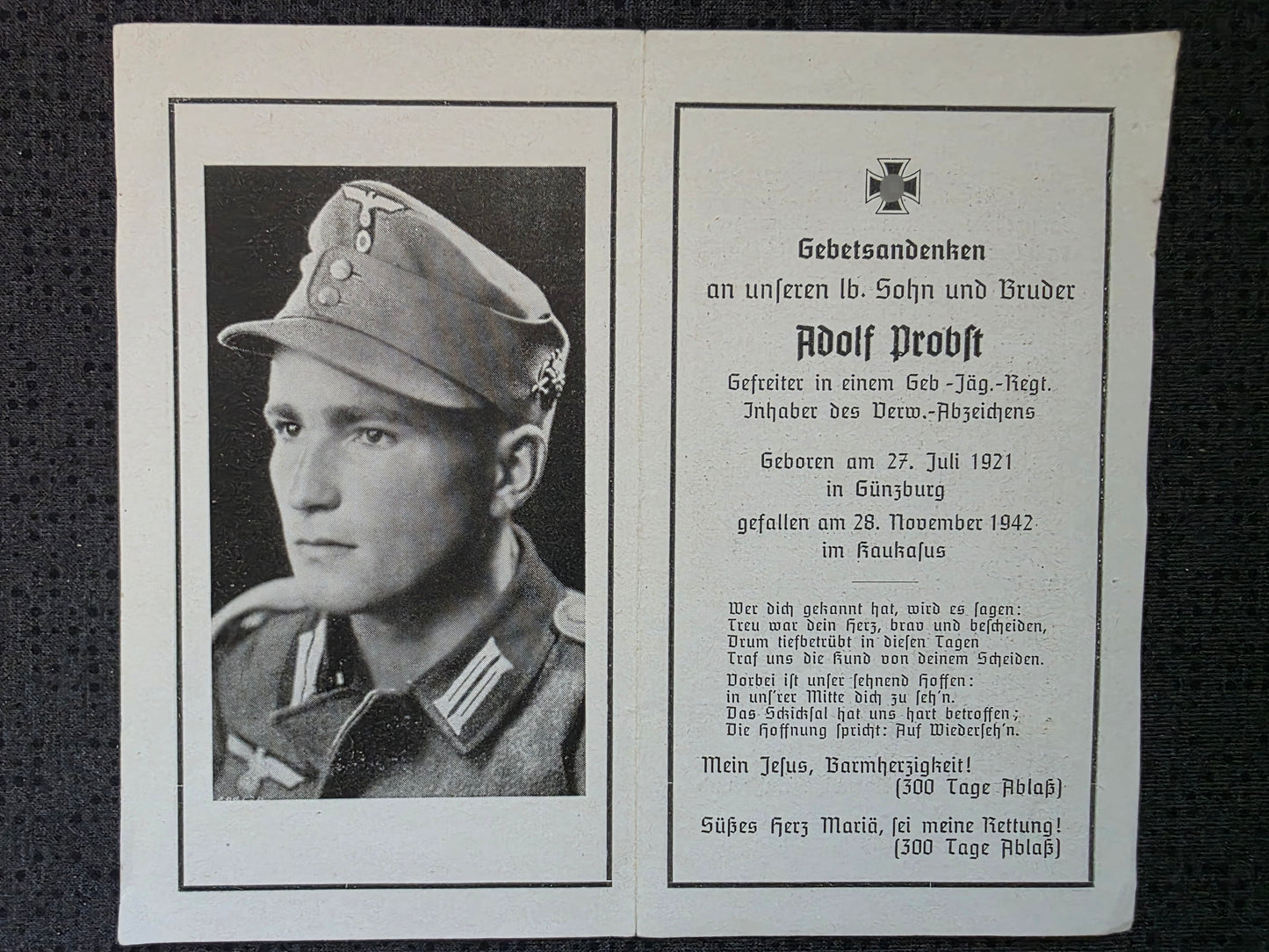 Sterbebild Gefreiter Günzburg 3. Komp. Gebirgsjäger Regt. 91 Kaukasus Goitsch Russland