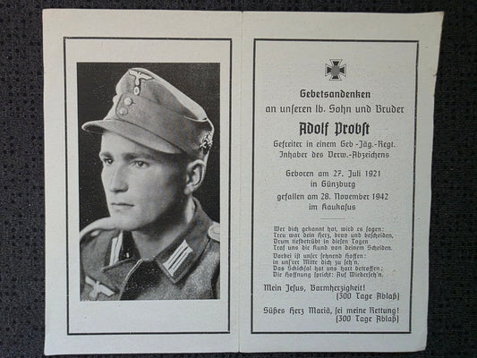 Sterbebild Gefreiter Günzburg 3. Komp. Gebirgsjäger Regt. 91 Kaukasus Goitsch Russland