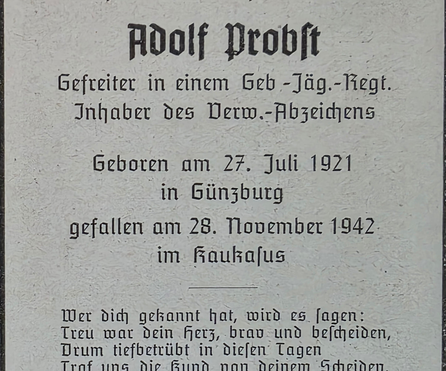 Sterbebild Gefreiter Günzburg 3. Komp. Gebirgsjäger Regt. 91 Kaukasus Goitsch Russland