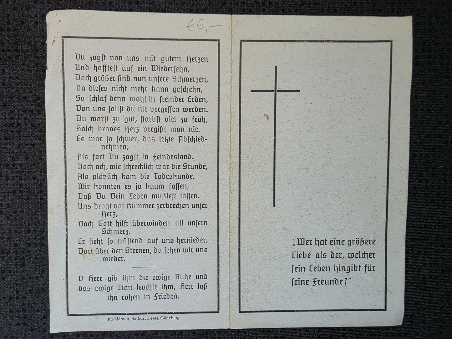 Sterbebild Gefreiter Günzburg 3. Komp. Gebirgsjäger Regt. 91 Kaukasus Goitsch Russland