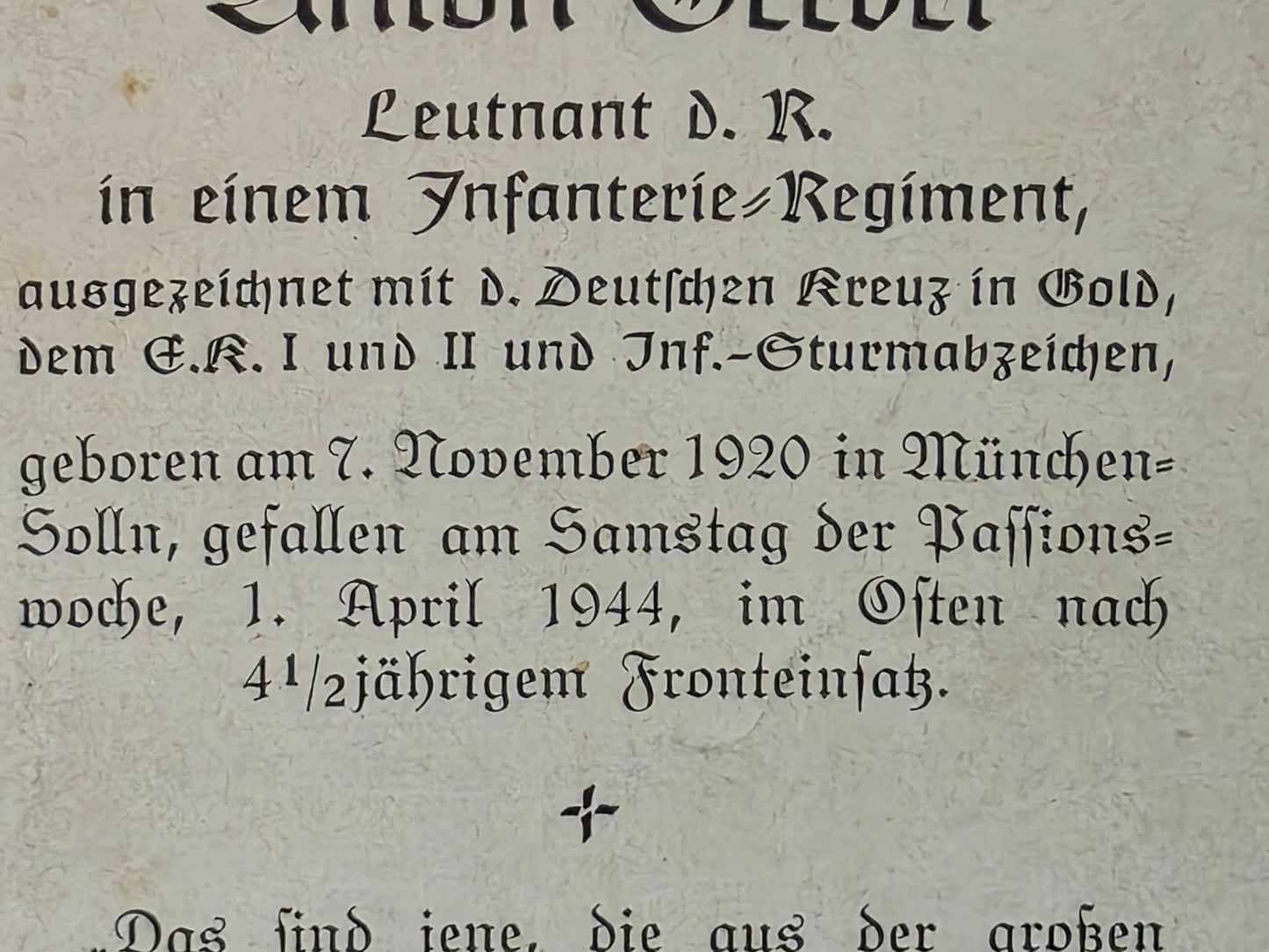 Sterbebild Leutnant München-Solln Infanterie Regt. DKiG Bollussy Russland