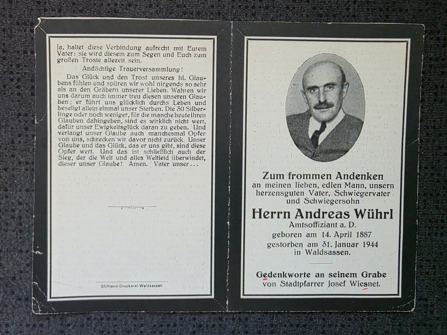 Sterbebild Zivilist Waldsassen Amtsoffiziant WK 1 Veteran