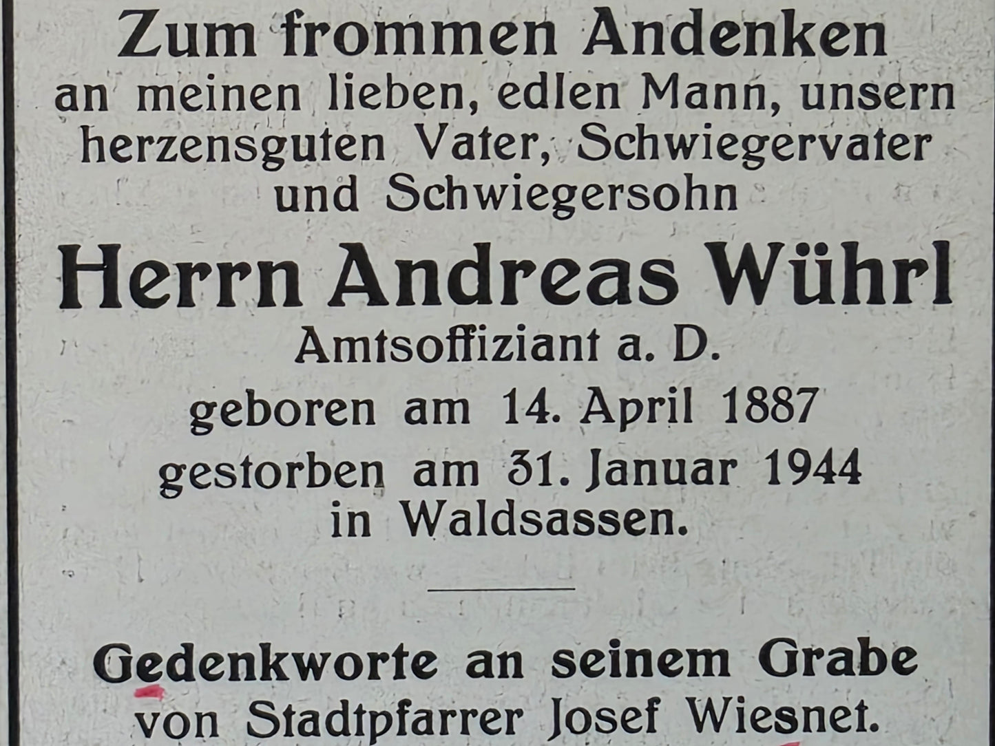 Sterbebild Zivilist Waldsassen Amtsoffiziant WK 1 Veteran