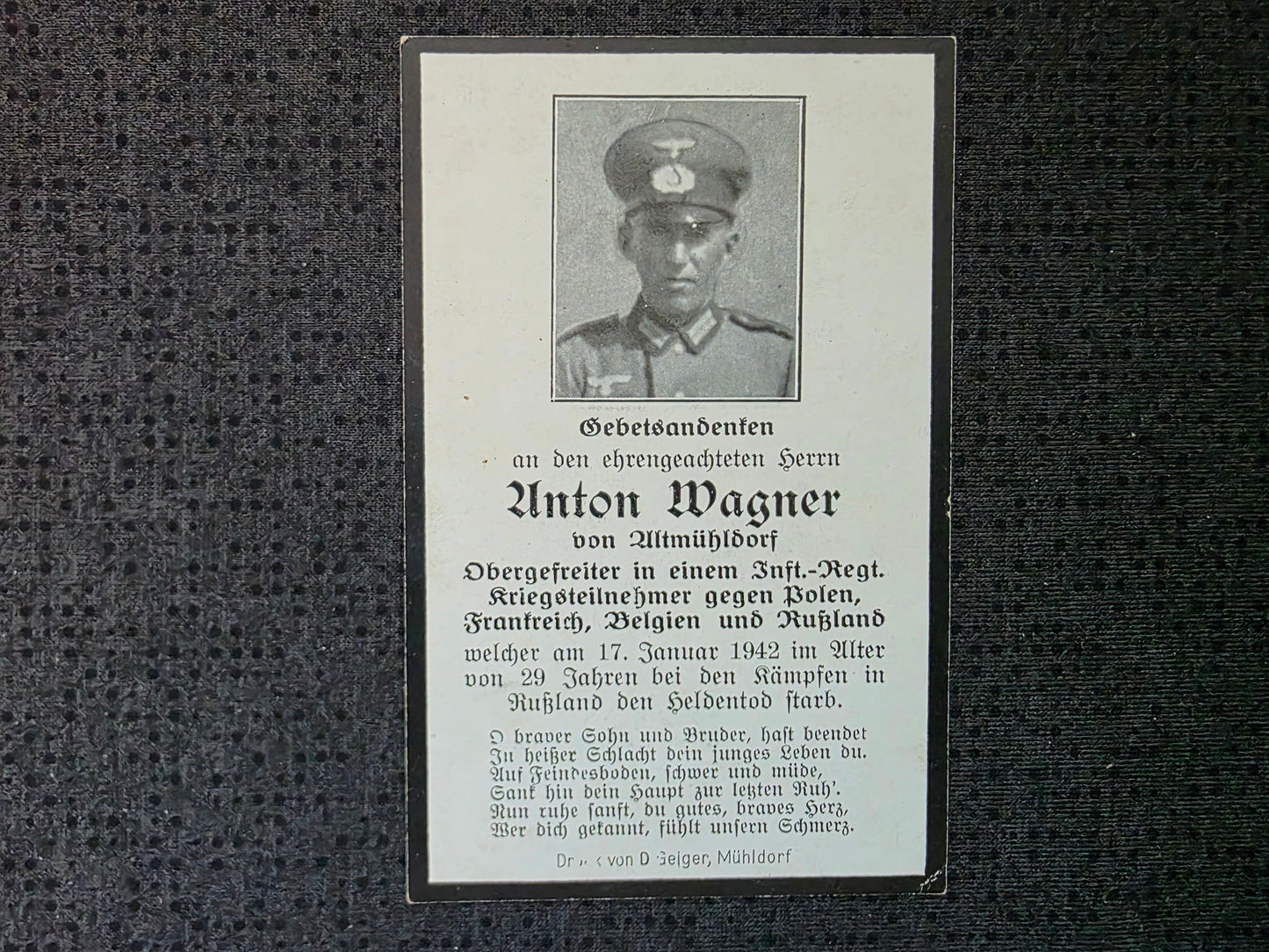 Sterbebild Obergefreiter Altmühldorf 1. Komp. Inf. Regt. 217 Nishe Iwiza Russland