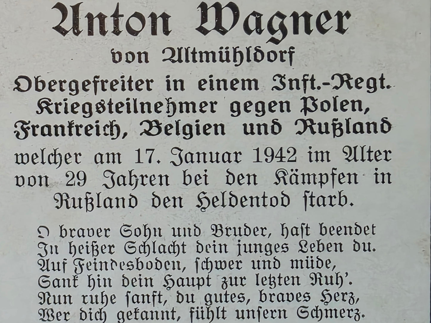 Sterbebild Obergefreiter Altmühldorf 1. Komp. Inf. Regt. 217 Nishe Iwiza Russland