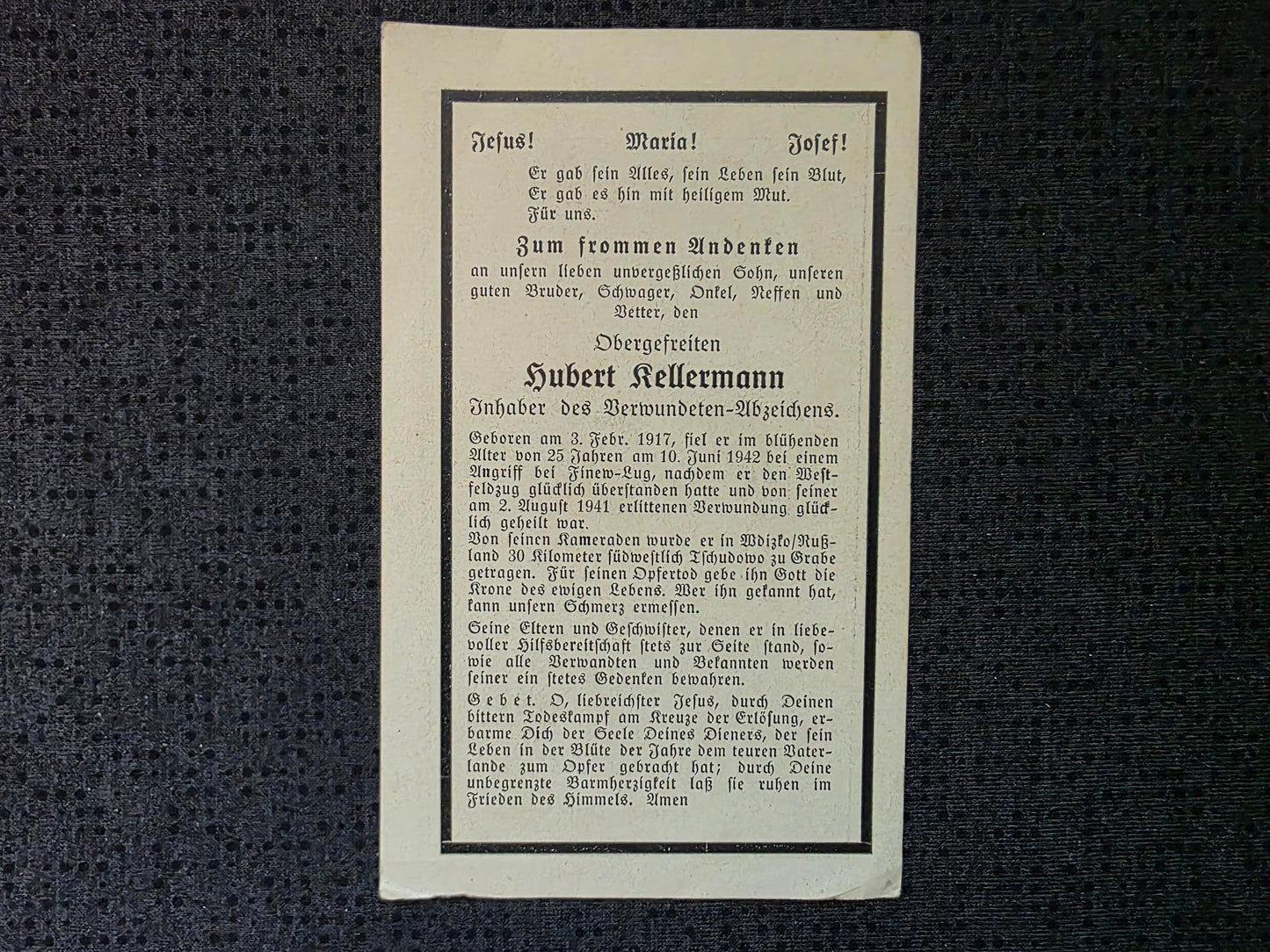 Sterbebild Obergefreiter Harsewinkel 4. Komp. Inf. Regt. 474 Finew Lug Russland