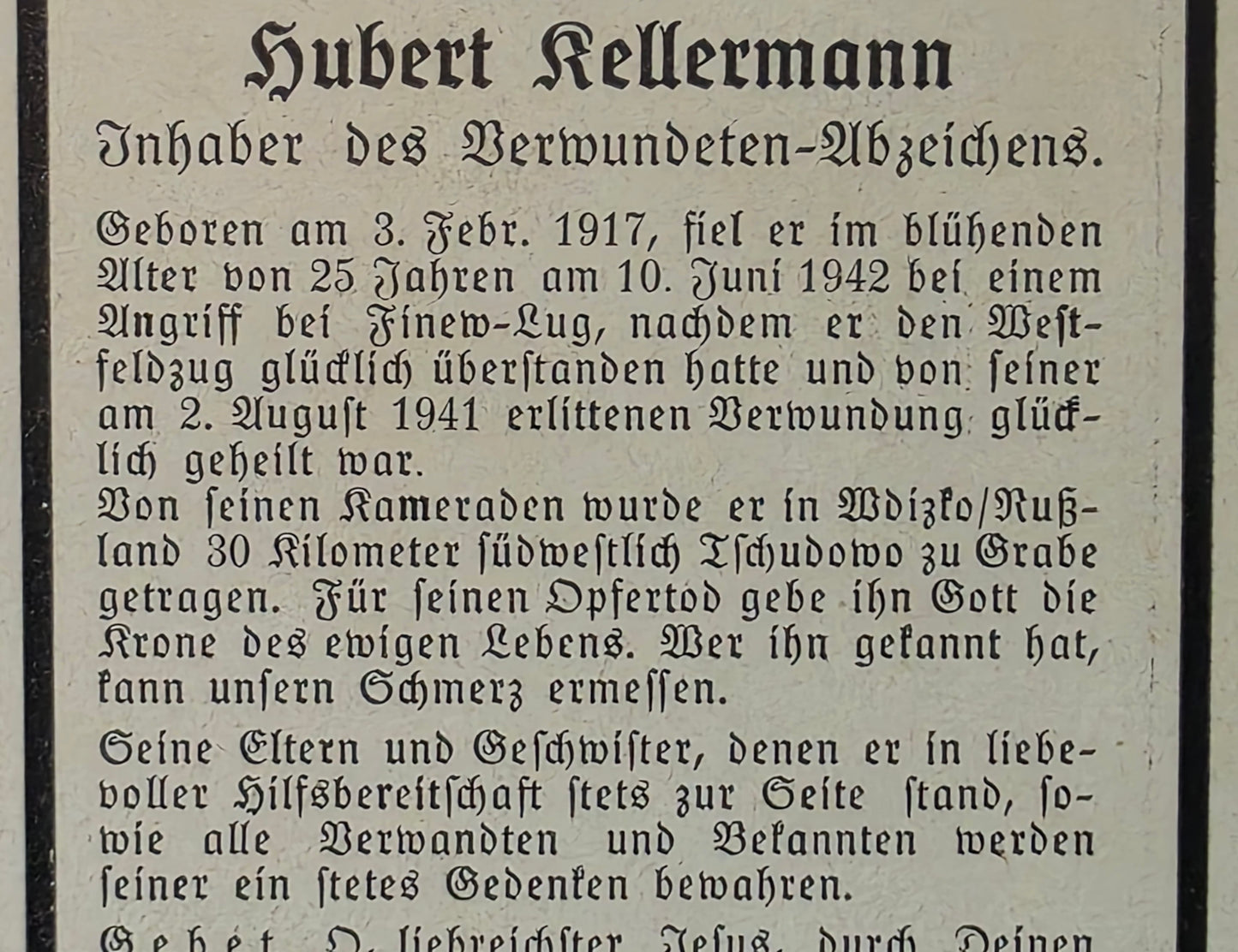 Sterbebild Obergefreiter Harsewinkel 4. Komp. Inf. Regt. 474 Finew Lug Russland