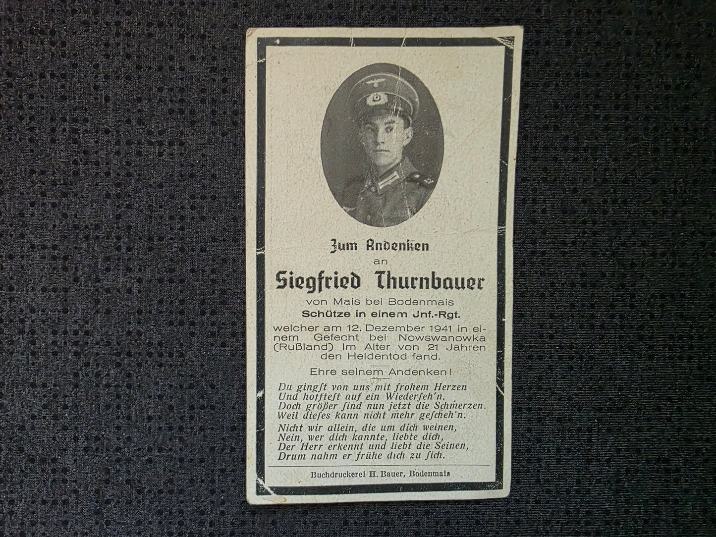 Sterbebild Schütze Bodenmais Infanterie Regt. Nowswanowka Russland