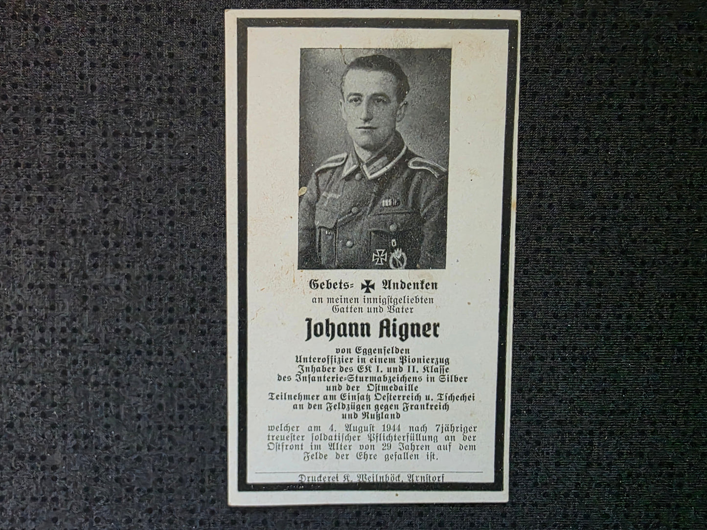 Sterbebild Unteroffizier Hinterholzen Pionierzug Raseiniai Kaunas Litauen