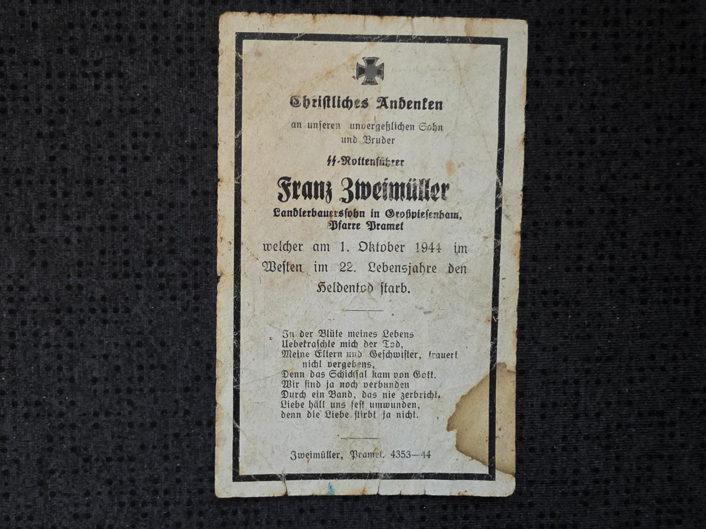 Sterbebild SS-Rottenführer Grosspiesenham Westen Ysselsteyn Holland
