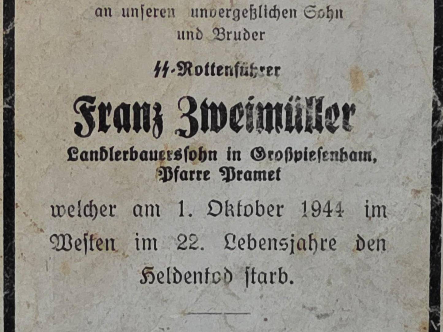 Sterbebild SS-Rottenführer Grosspiesenham Westen Ysselsteyn Holland