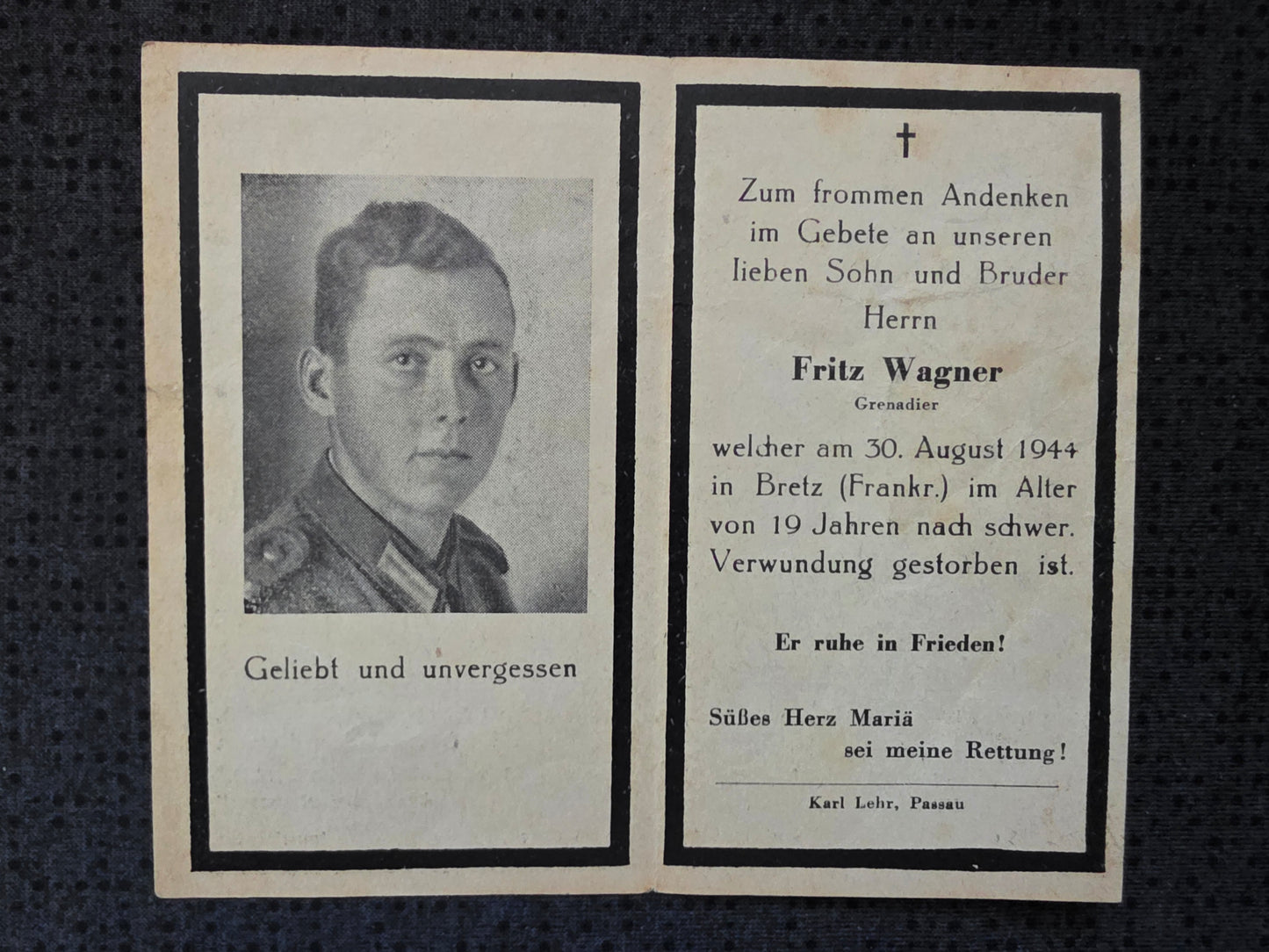 Sterbebild Grenadier Loitzersdorf Brest 19 Jahre Ploudaniel-Lesneven Frankreich