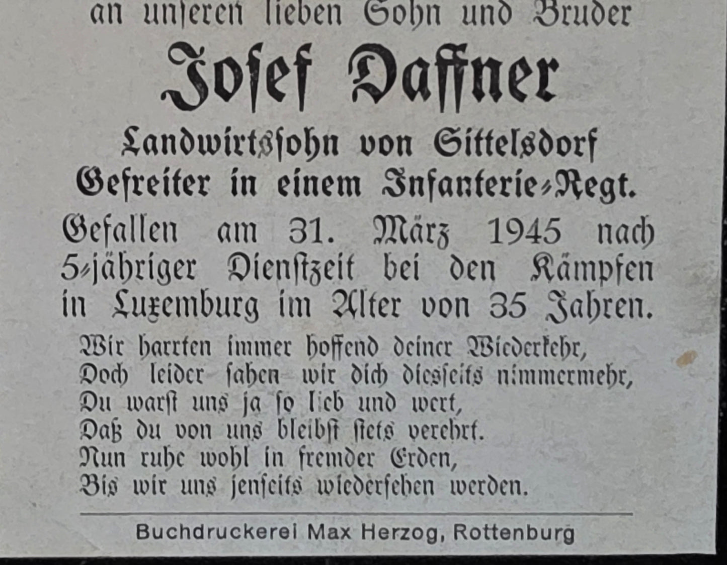 Sterbebild Gefreiter Sittelsdorf Infanterie Regt. Endkampf Sandweiler Luxemburg
