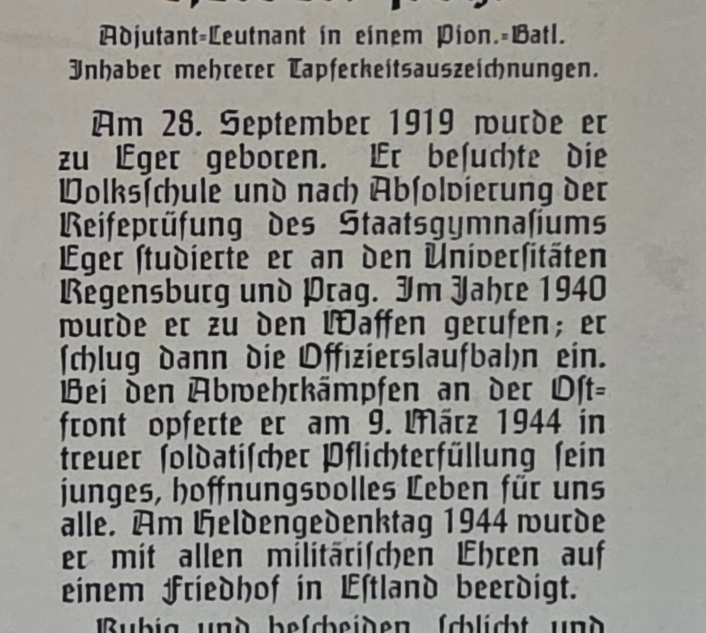 Sterbebild Leutnant Eger Pionier Btl. Tapferkeitsauszeichnungen Surgula Toila Estland