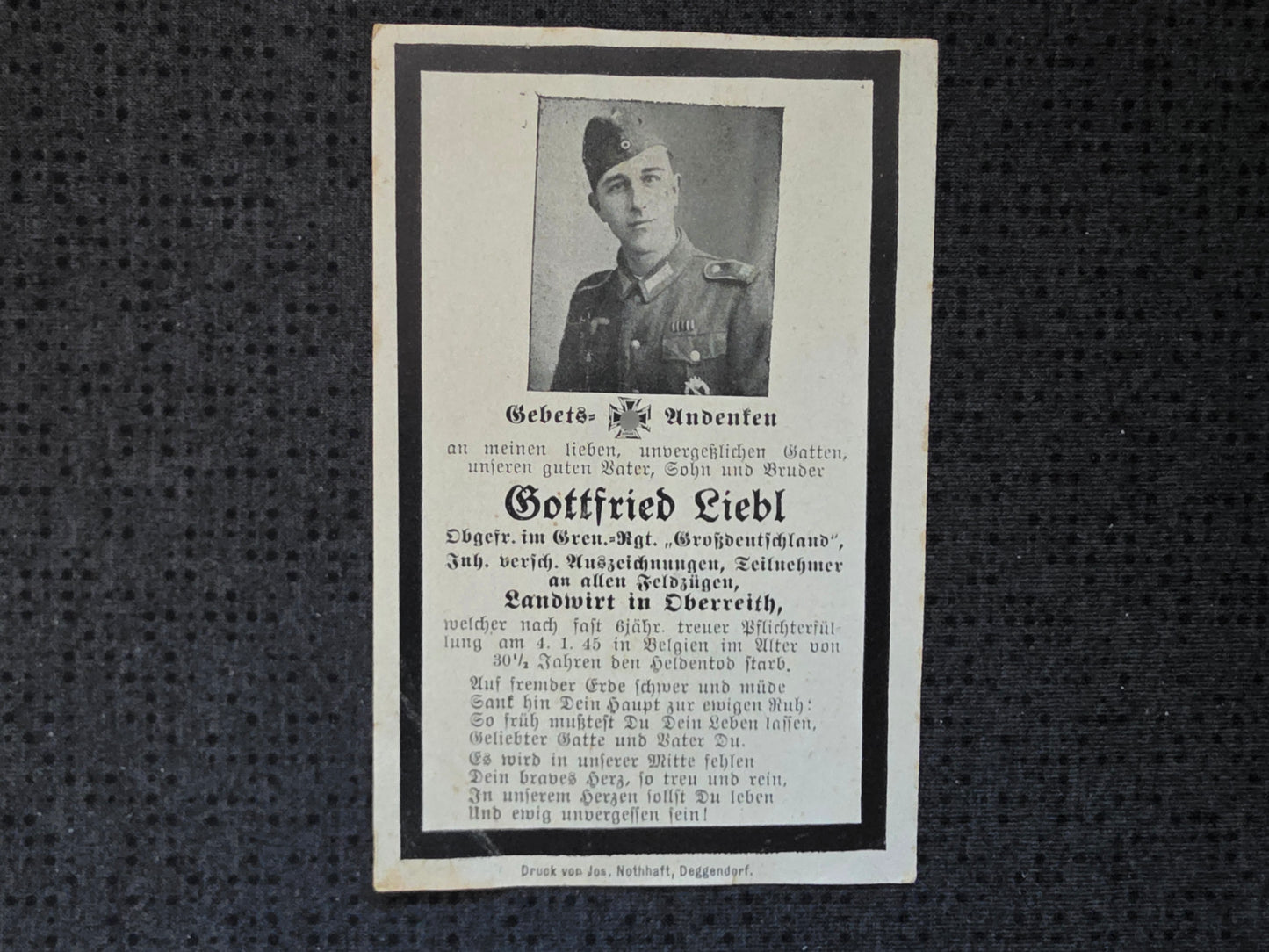 Sterbebild Obergefreiter Oberreith Grenadier Regt. "Großdeutschland" GD Ardennen Belgien