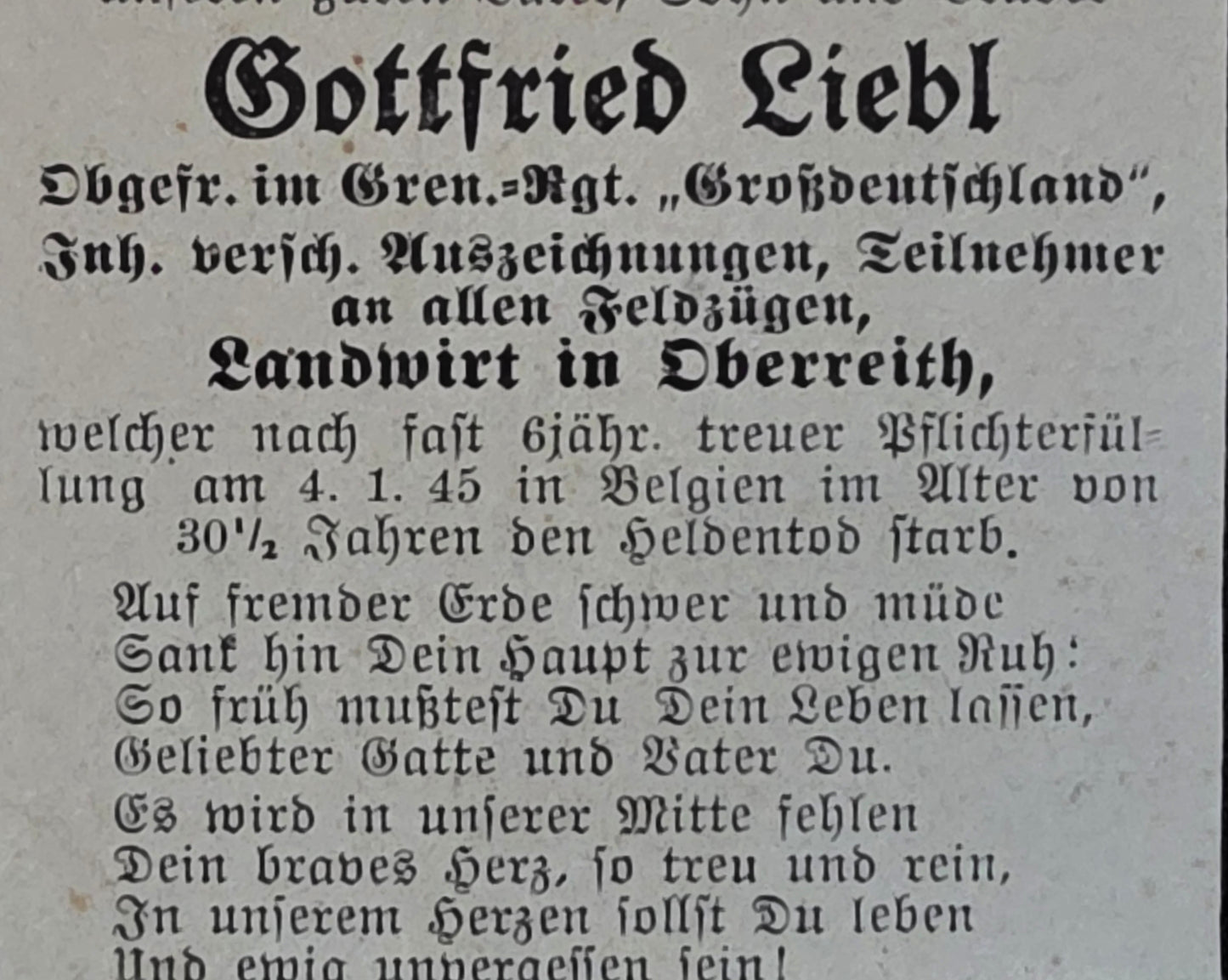 Sterbebild Obergefreiter Oberreith Grenadier Regt. "Großdeutschland" GD Ardennen Belgien