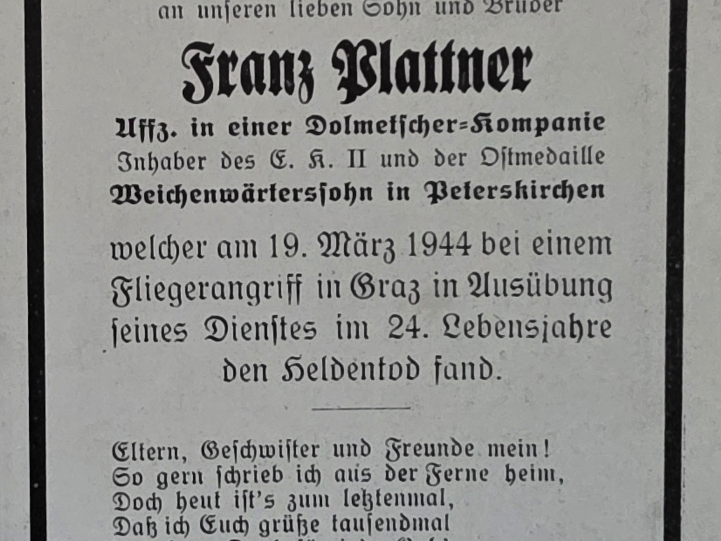 Sterbebild Unteroffizier Peterskirchen Dolmetscher Kompanie Fliegerangriff Graz Österreich