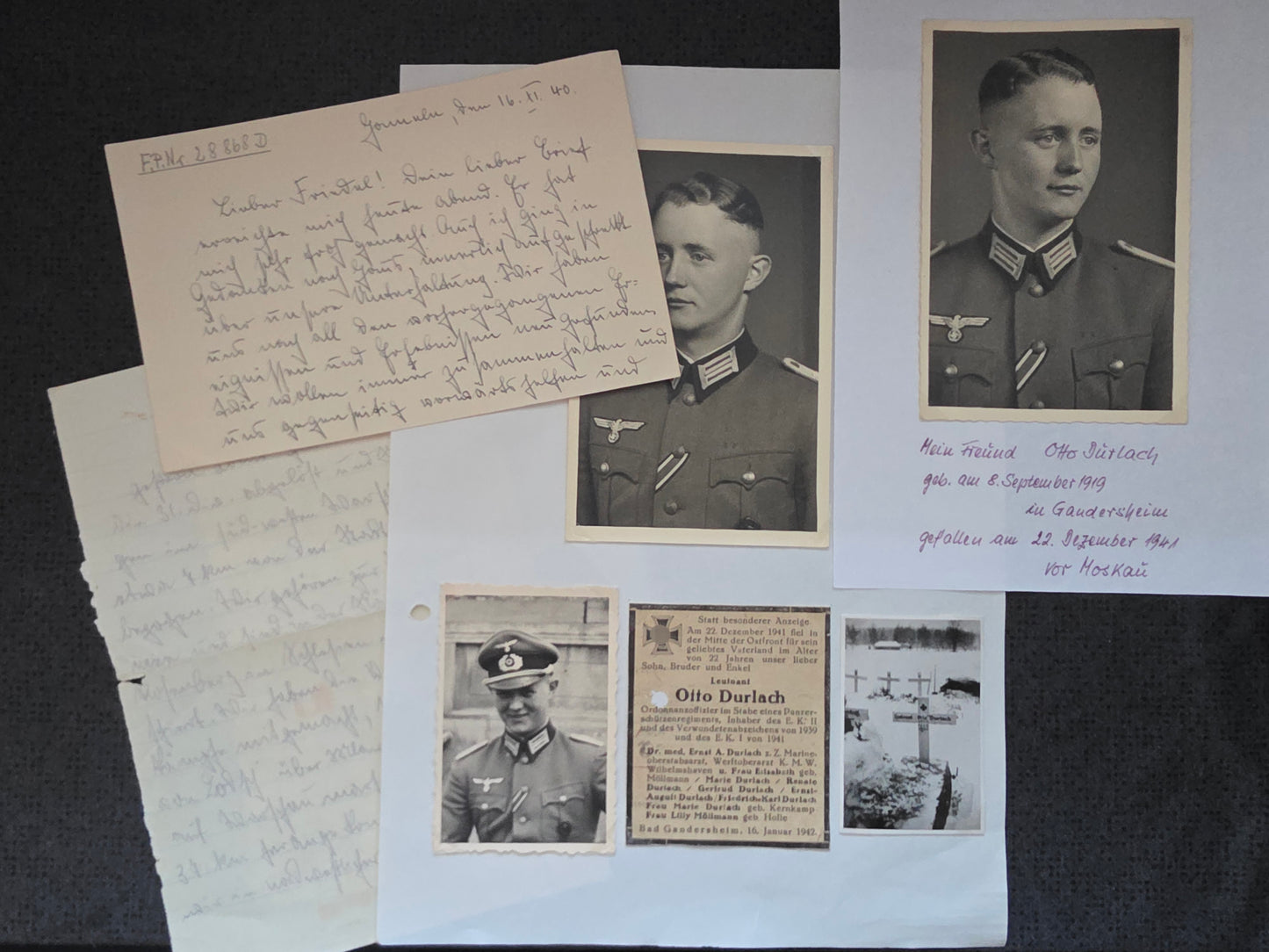 Konvolut Sterbebild + Feldpost + Fotos Leutnant Bad Gandersheim Regt Stab Schützen Regt. 74 Malojaroslawez Russland