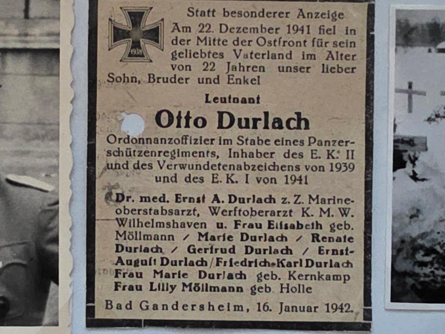 Konvolut Sterbebild + Feldpost + Fotos Leutnant Bad Gandersheim Regt Stab Schützen Regt. 74 Malojaroslawez Russland