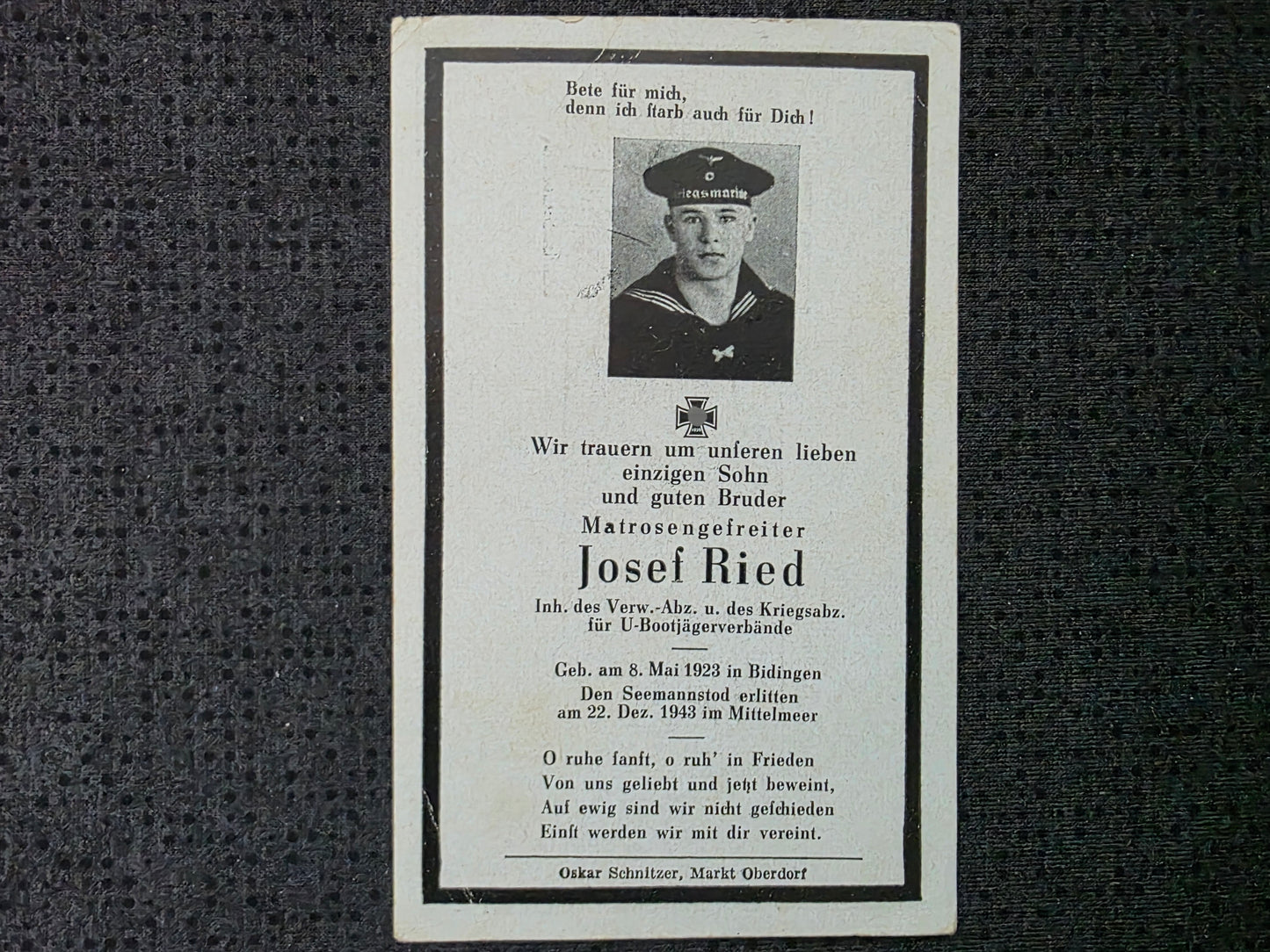 Sterbebild MtrGfr Bidingen Kommando 6.Sicherungsflottille UJ 6076 U-Boot Kriegsabzeichen Cap Siece Mittelmeer