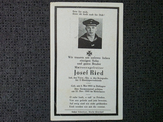Sterbebild MtrGfr Bidingen Kommando 6.Sicherungsflottille UJ 6076 U-Boot Kriegsabzeichen Cap Siece Mittelmeer
