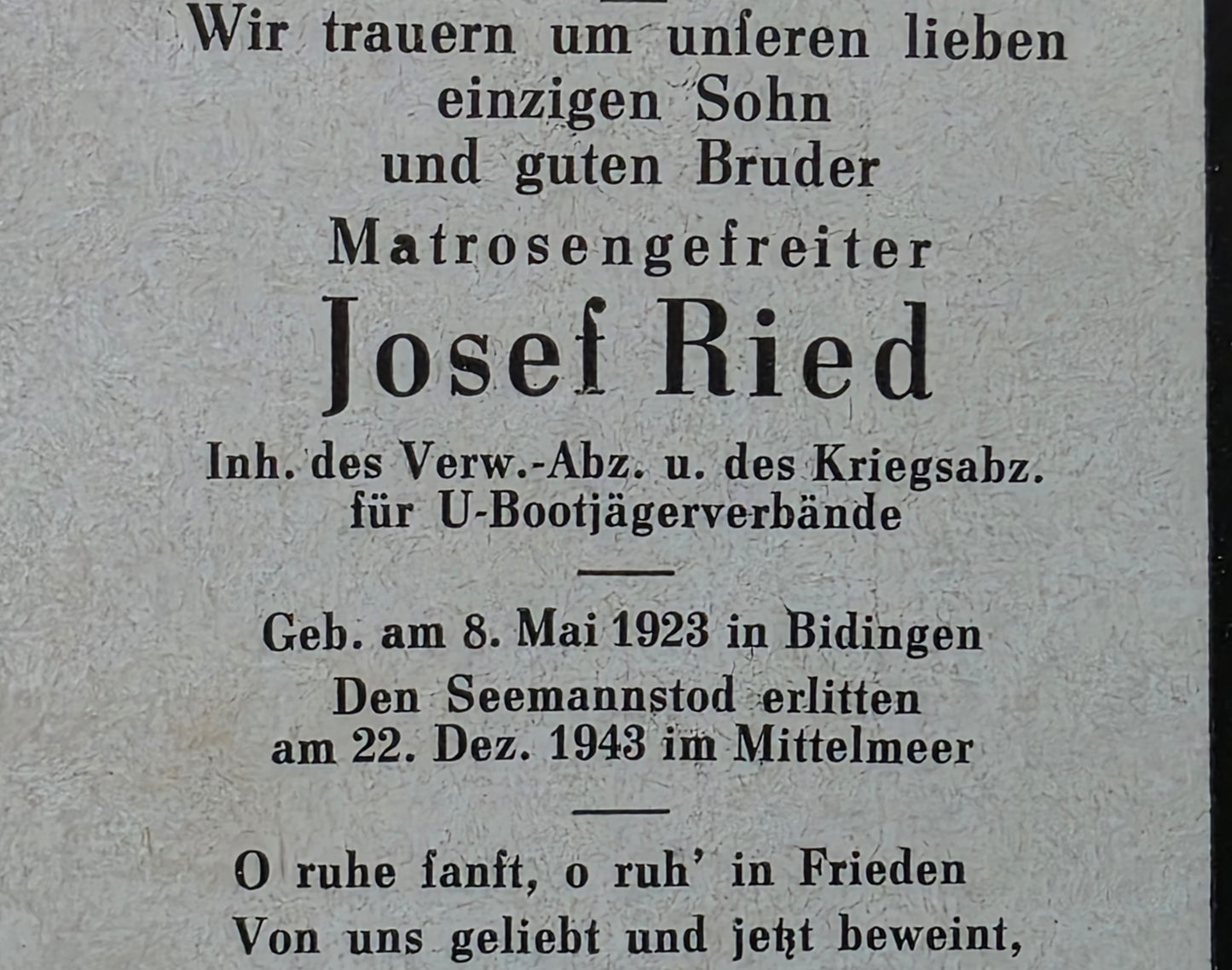 Sterbebild MtrGfr Bidingen Kommando 6.Sicherungsflottille UJ 6076 U-Boot Kriegsabzeichen Cap Siece Mittelmeer