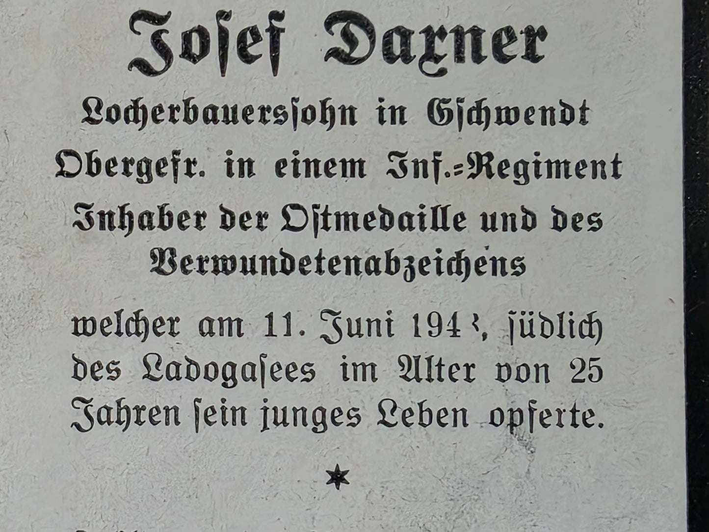Sterbebild Obergefreiter Agatharied 12. Gren. Regt. 316 Ladogasee Lipka Russland