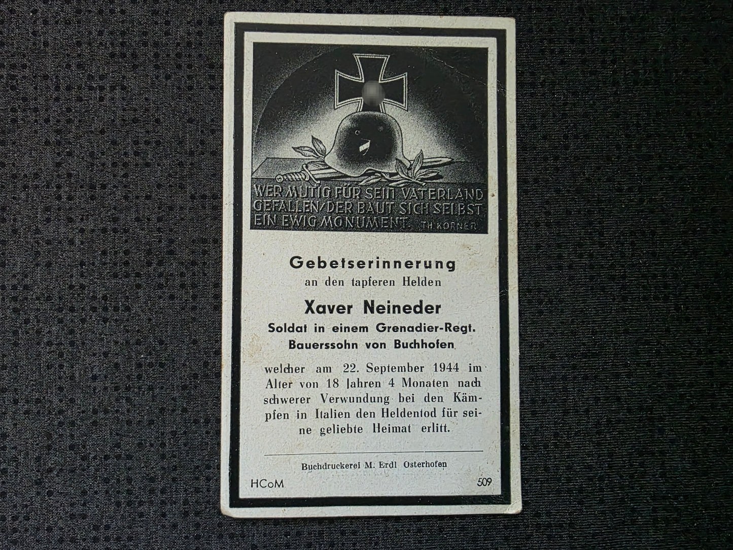 Sterbebild Grenadier Buchhofen 4. (MG) Komp. Gren. Regt. 755 Reggio Emilia Italien