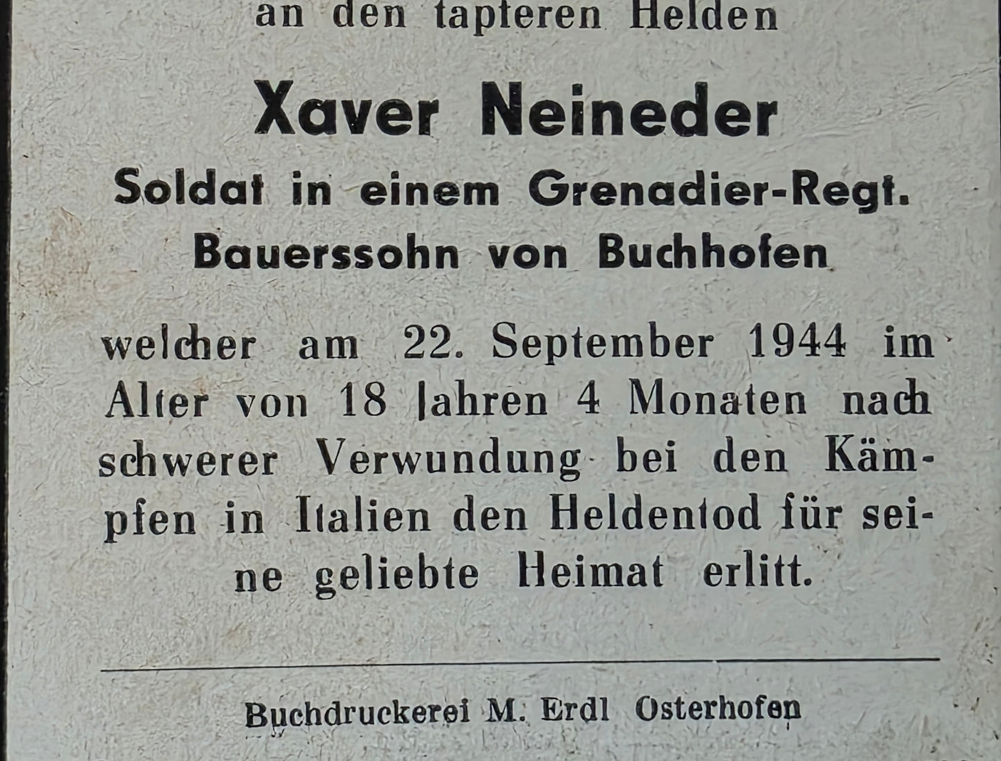 Sterbebild Grenadier Buchhofen 4. (MG) Komp. Gren. Regt. 755 Reggio Emilia Italien