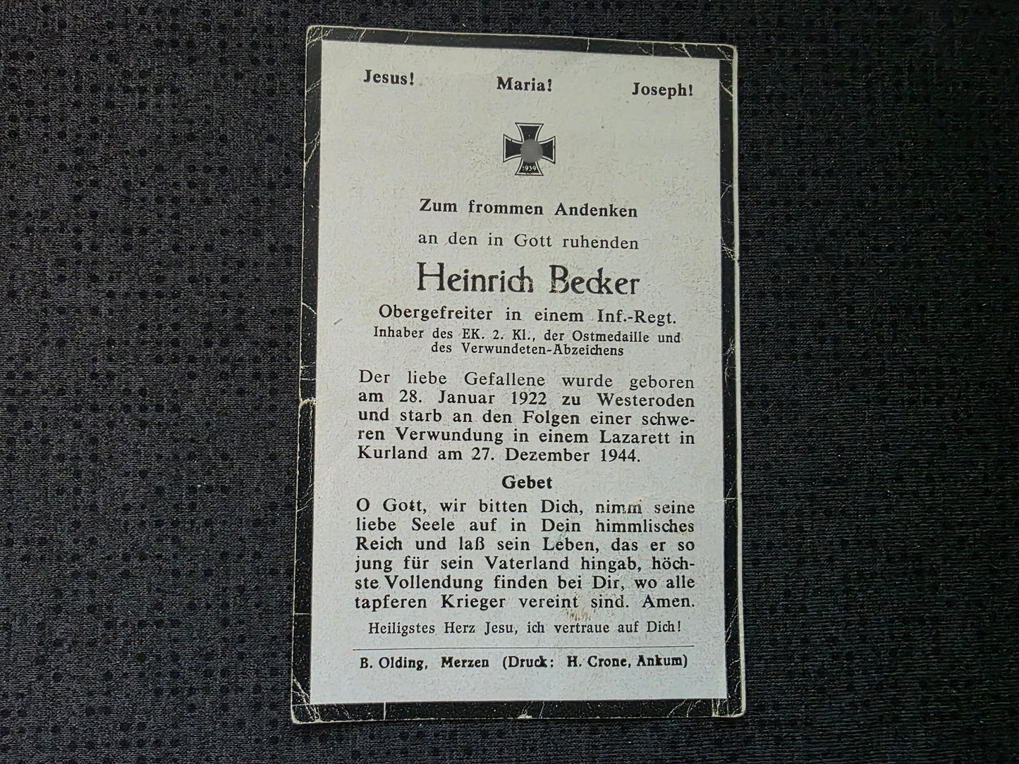 Sterbebild Obergefreiter Westerode Inf. Regt. Kurland Laidi Saldus Lettland