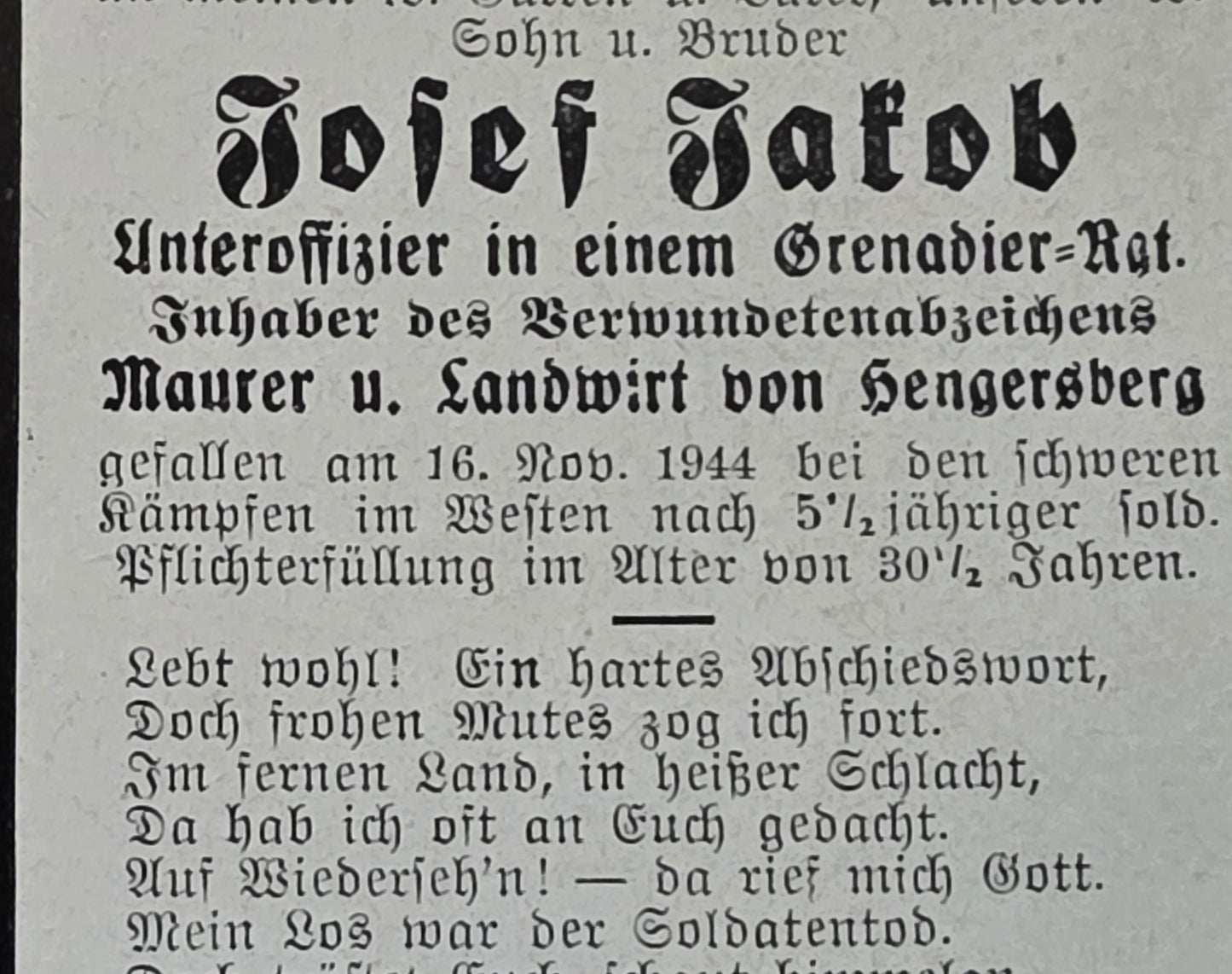 Sterbebild Unteroffizier Hengersberg 8. Gren. Regt. 1120 Lorquin Lörchingen Frankreich