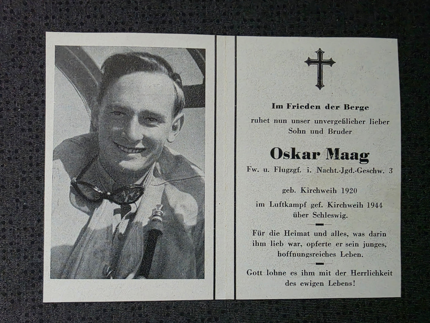 Sterbebild Feldwebel Innsbruck Pilot 1./NJG-3 Bennebeck Schleswig Deutschland